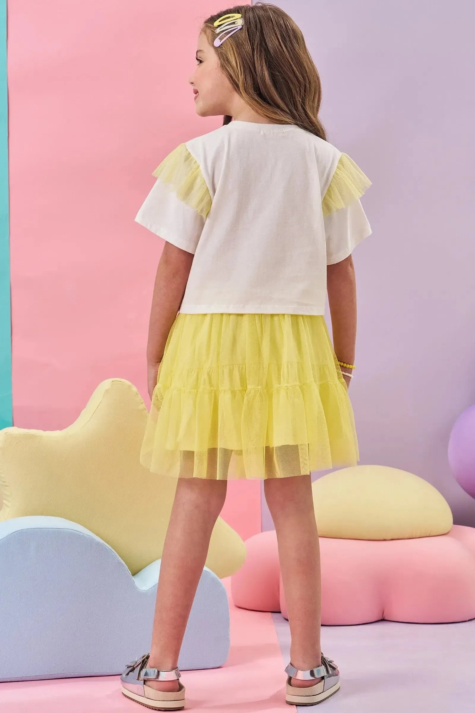 Conjunto de Boxy Over em Malha Favo e Saia em Tule (com Shorts Embutido) 83486 Kukiê Infantil Menina