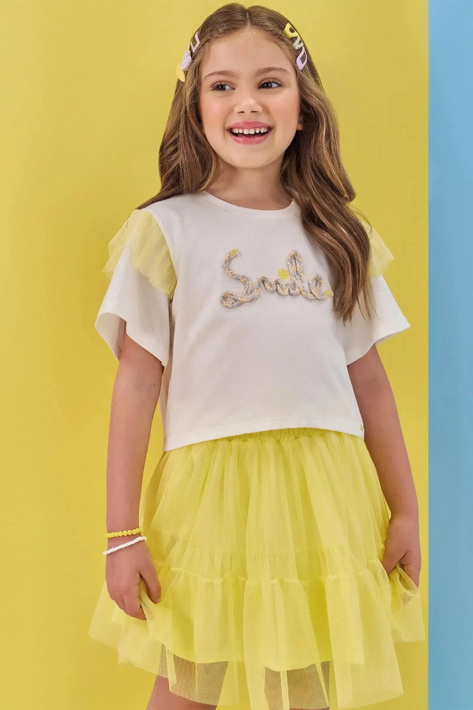 Conjunto de Boxy Over em Malha Favo e Saia em Tule (com Shorts Embutido) 83486 Kukiê Infantil Menina