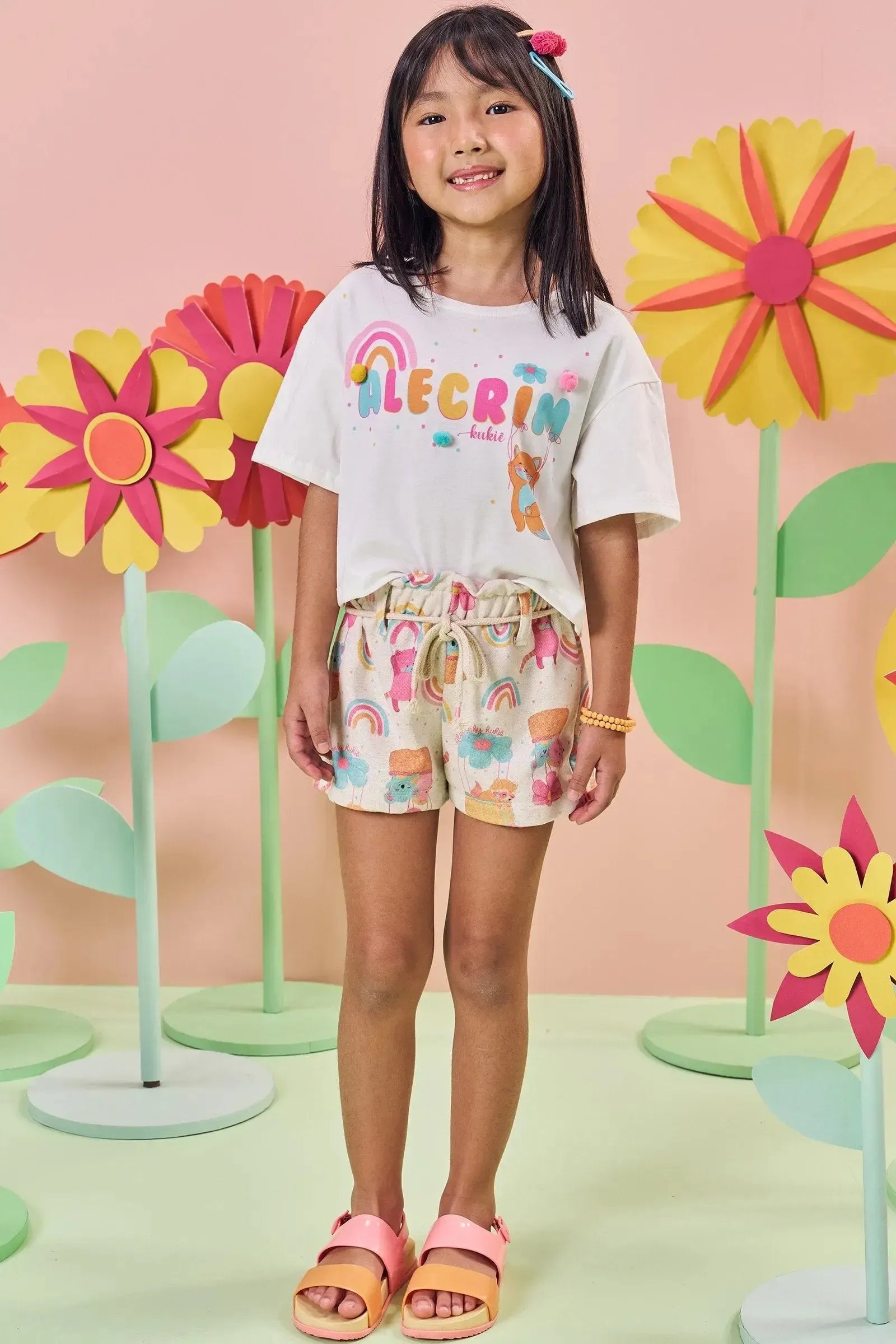 Conjunto de Boxy Over em Meia Malha e Shorts em Moletom Linho 84529 Kukiê Infantil Menina