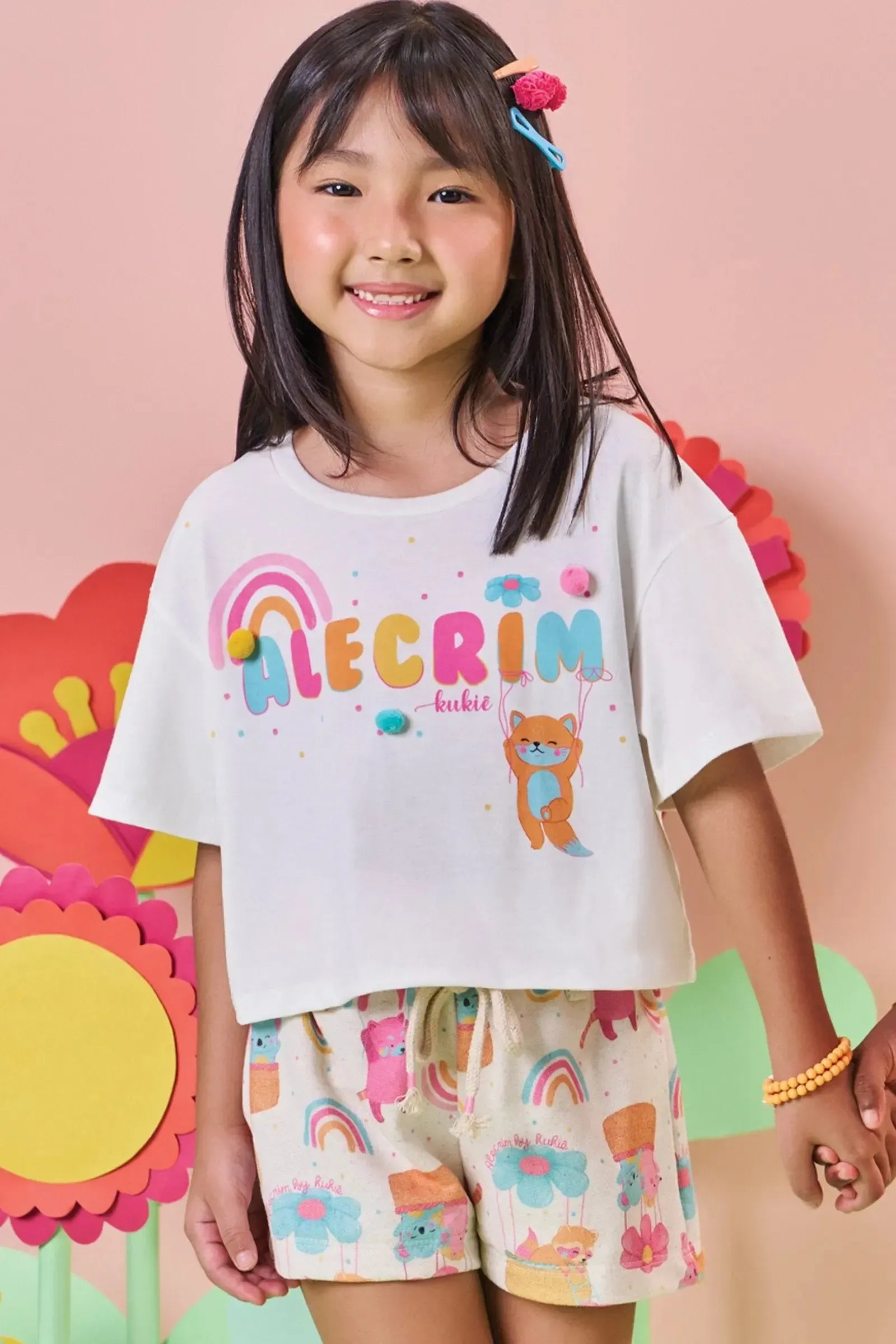 Conjunto de Boxy Over em Meia Malha e Shorts em Moletom Linho 84529 Kukiê Infantil Menina