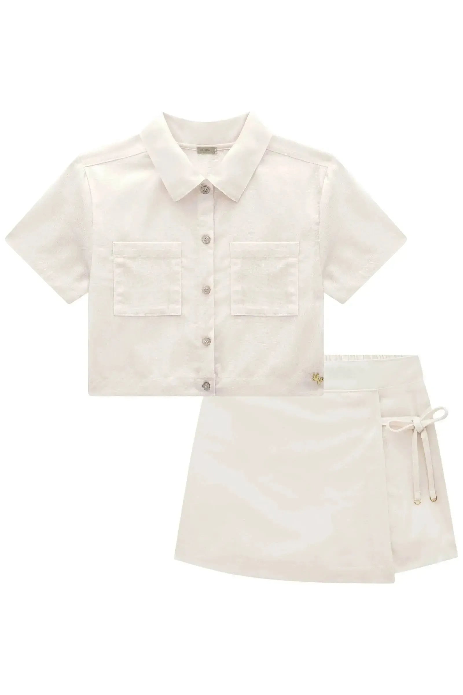 Conjunto de Camisa Boxy e Short Saia em Linho Gold 83707 Vic&Vicky Teen Menina