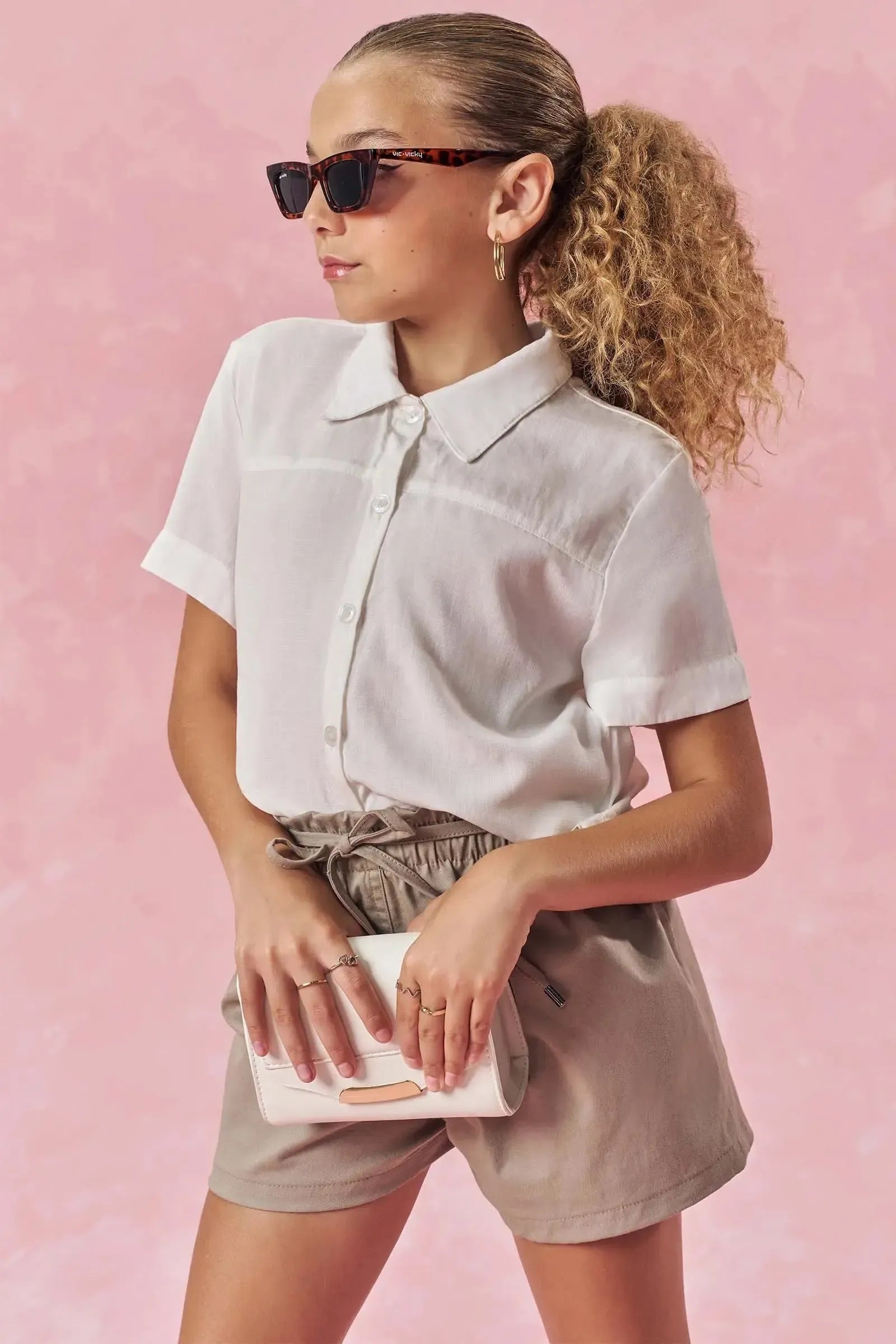 Conjunto de Camisa Boxy em Viscose Nice e Shorts em Sarja com Elastano 85183 Vic&Vicky Teen Menina