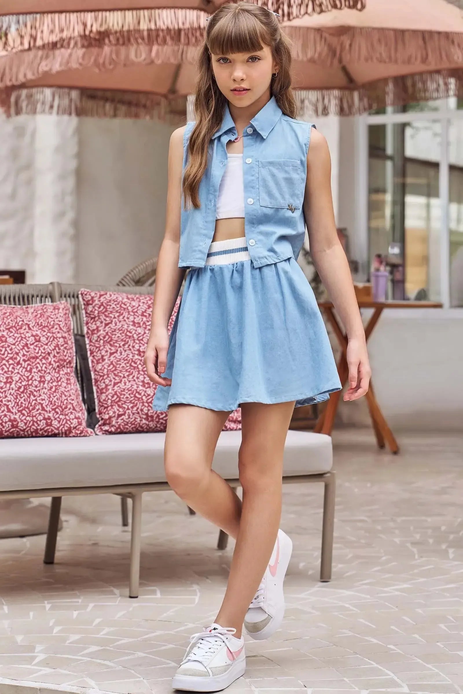 Conjunto de Camisa Cropped e Saia em Tecido Chambray 83905 Vic&Vicky Teen Menina