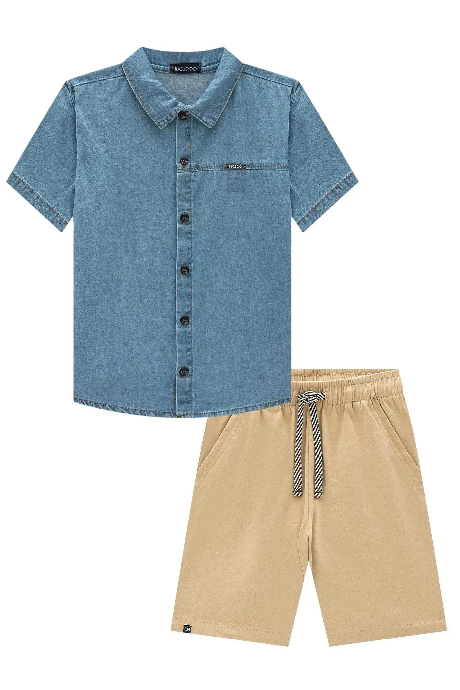 Conjunto de Camisa em Jeans Teka com Elastano e Bermuda em Sarja Girassol com Elastano 96229 LucBoo Infantil Menino