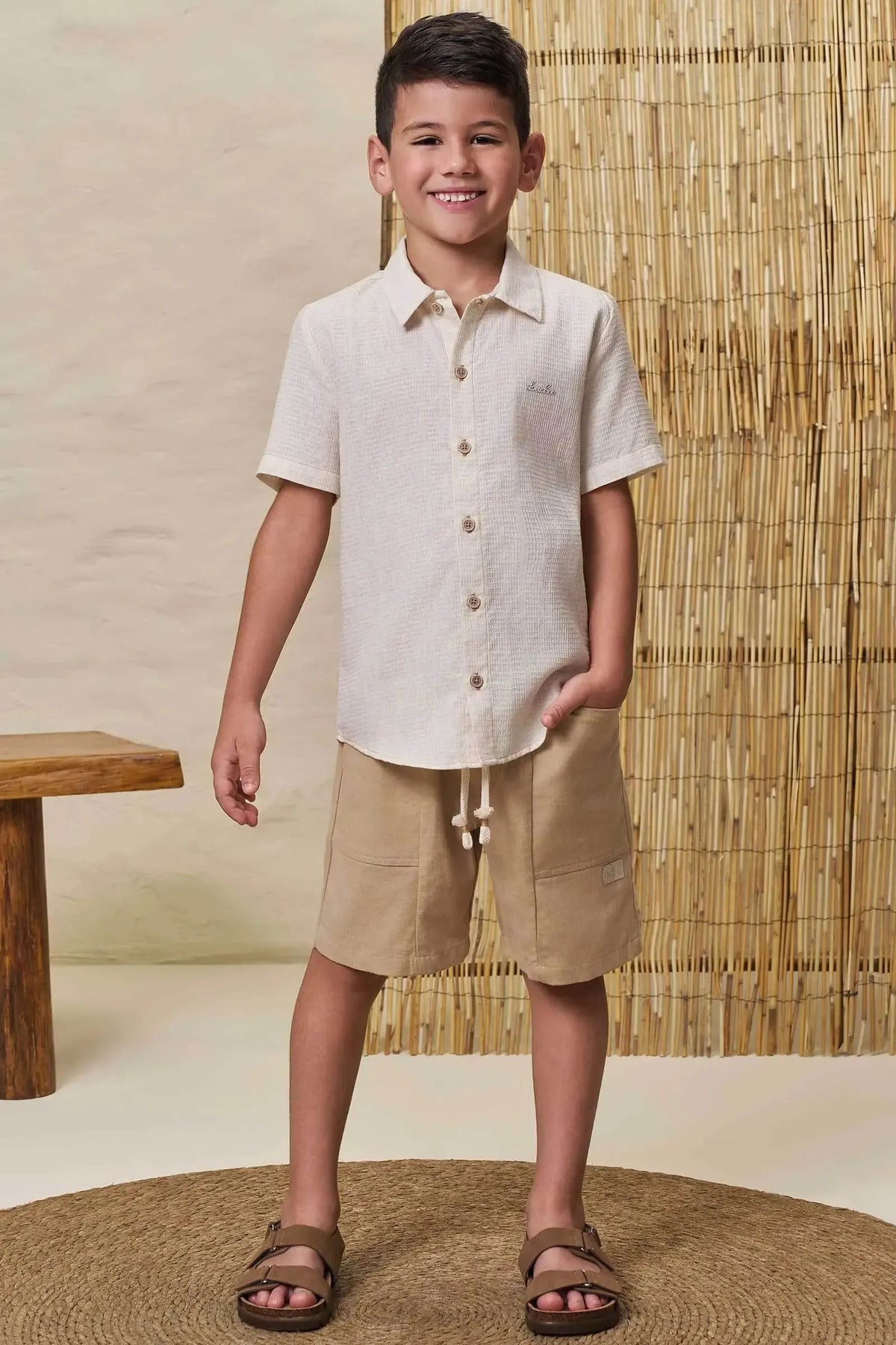 Conjunto de Camisa em Linho Cierro e Bermuda em Linho Santorine com Elastano 99031 LucBoo Infantil Menino