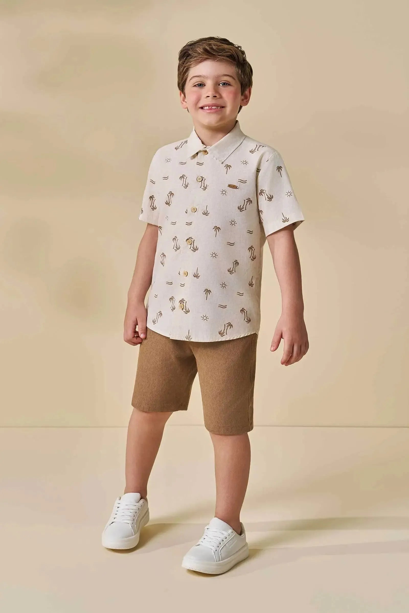 Conjunto de Camisa em Linho Deluxe e Bermuda em Cotton Jeans com Elastano 96050 LucBoo Infantil Menino