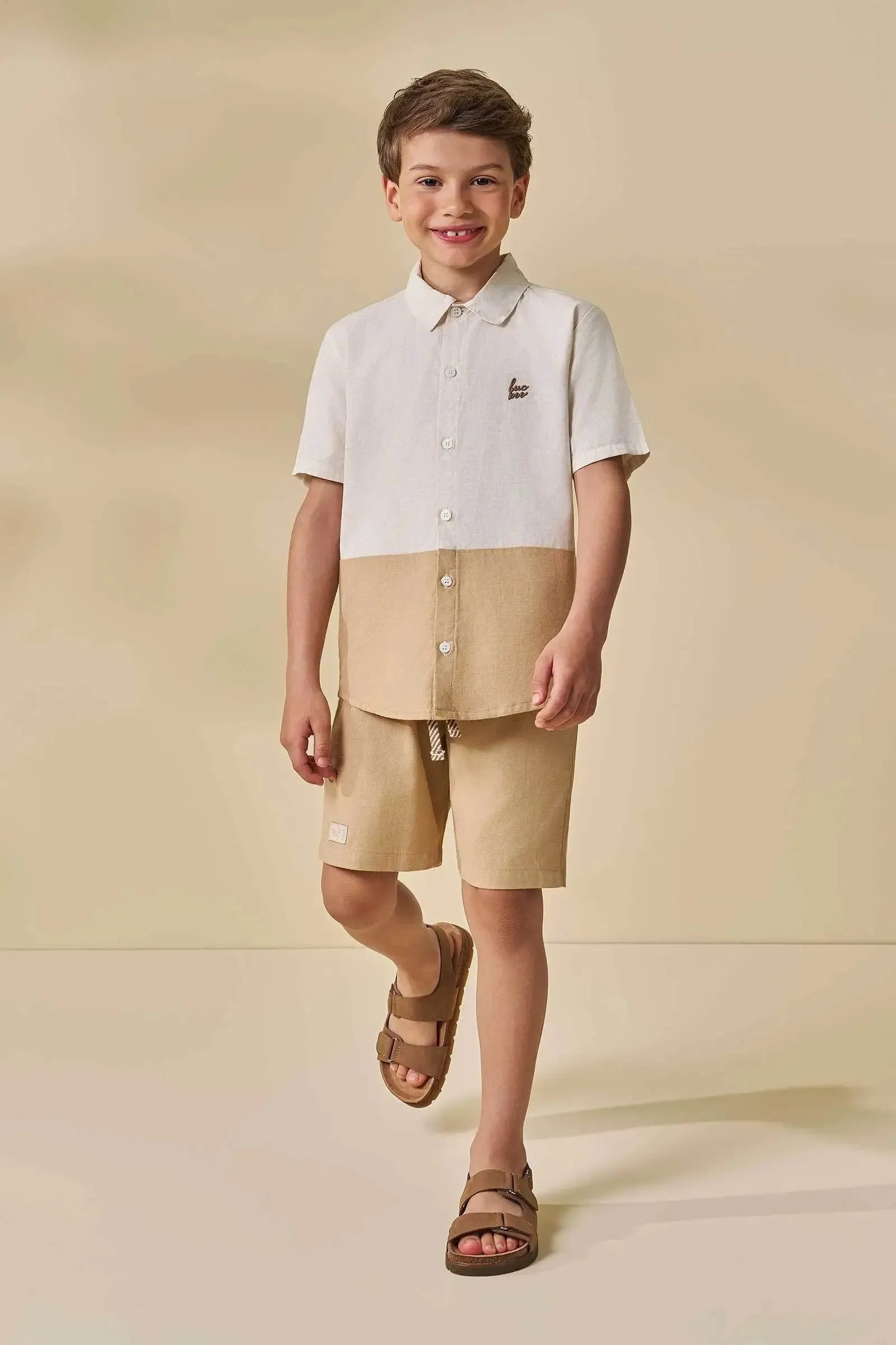 Conjunto de Camisa em Linho Deluxe e Bermuda em Linho Santorine 96166 LucBoo Infantil Menino