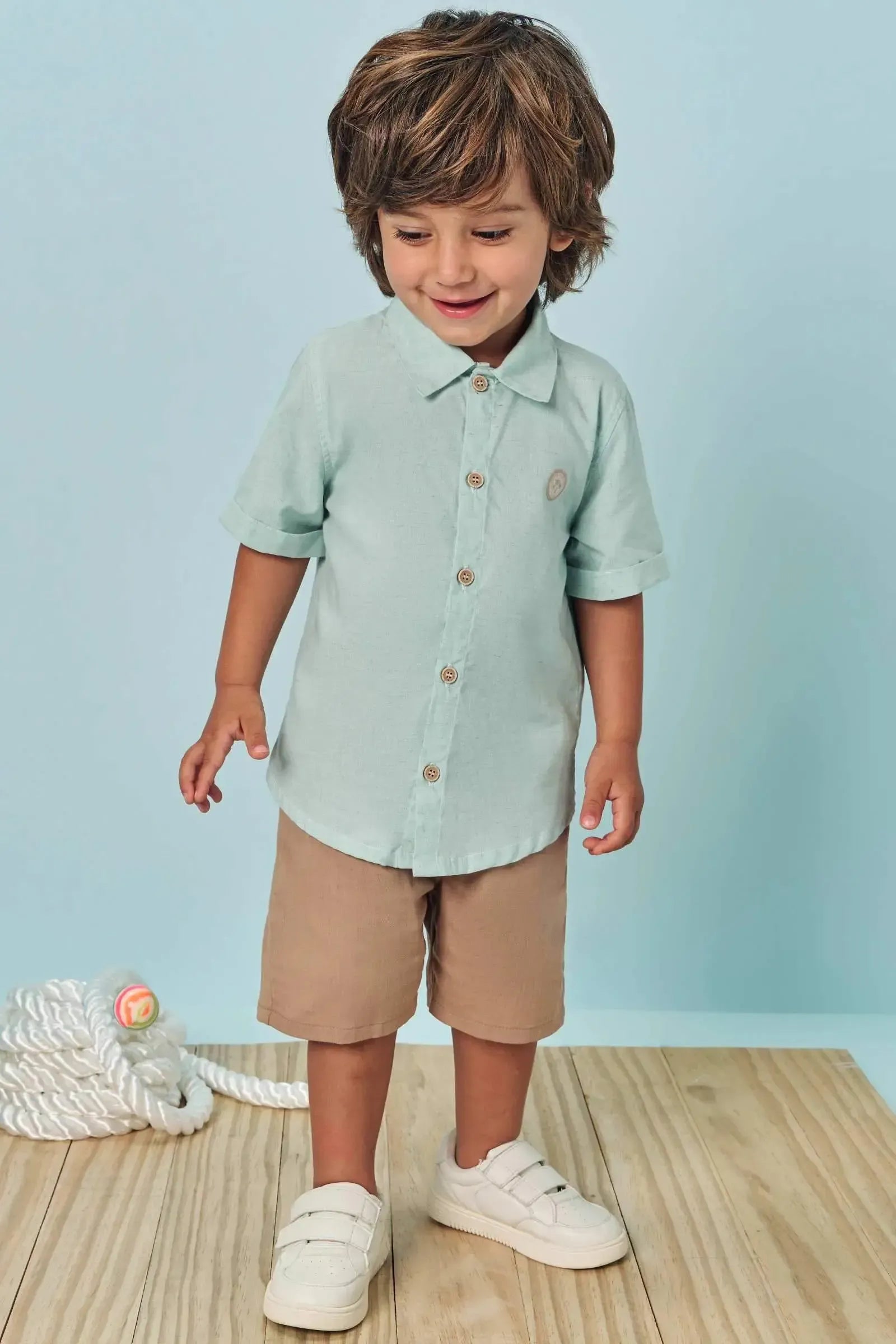 Conjunto de Camisa em Linho Deluxe e Bermuda em Linho Santorine com Elastano 83610 LucBoo Bebê Menino