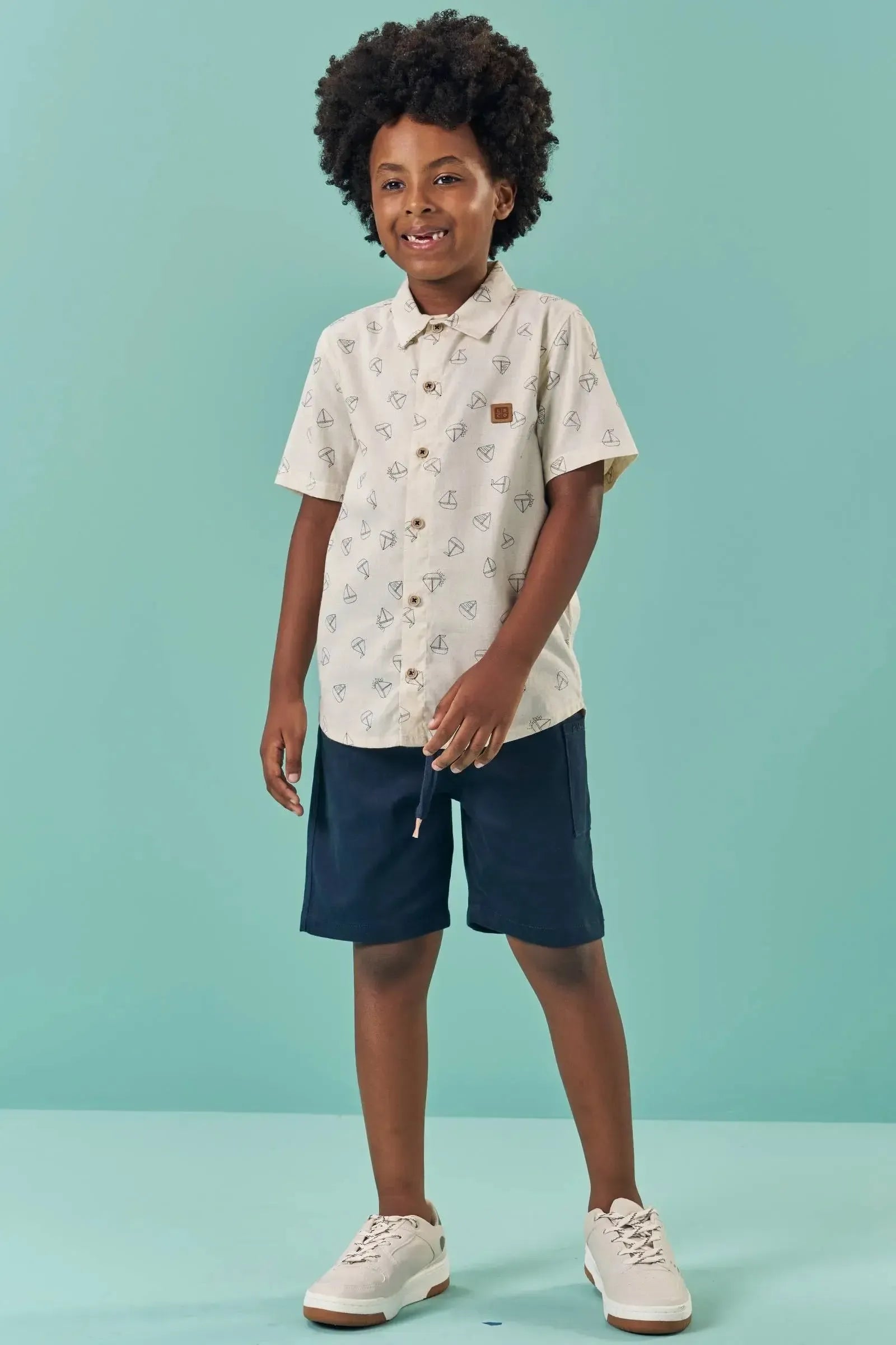 Conjunto de Camisa em Linho Deluxe e Bermuda em Sarja Caribe com Elastano 82842 LucBoo Infantil Menino
