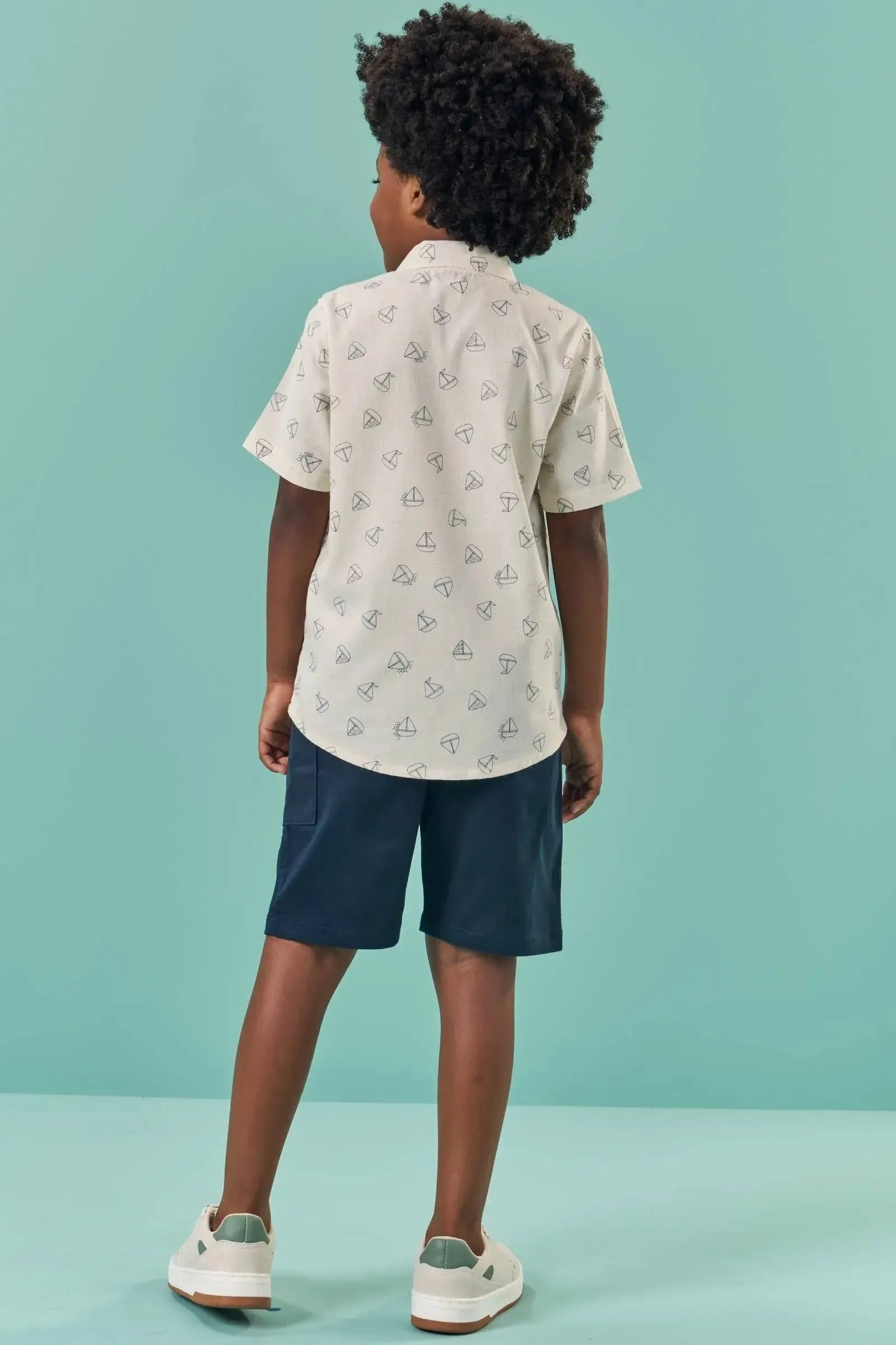 Conjunto de Camisa em Linho Deluxe e Bermuda em Sarja Caribe com Elastano 82842 LucBoo Infantil Menino