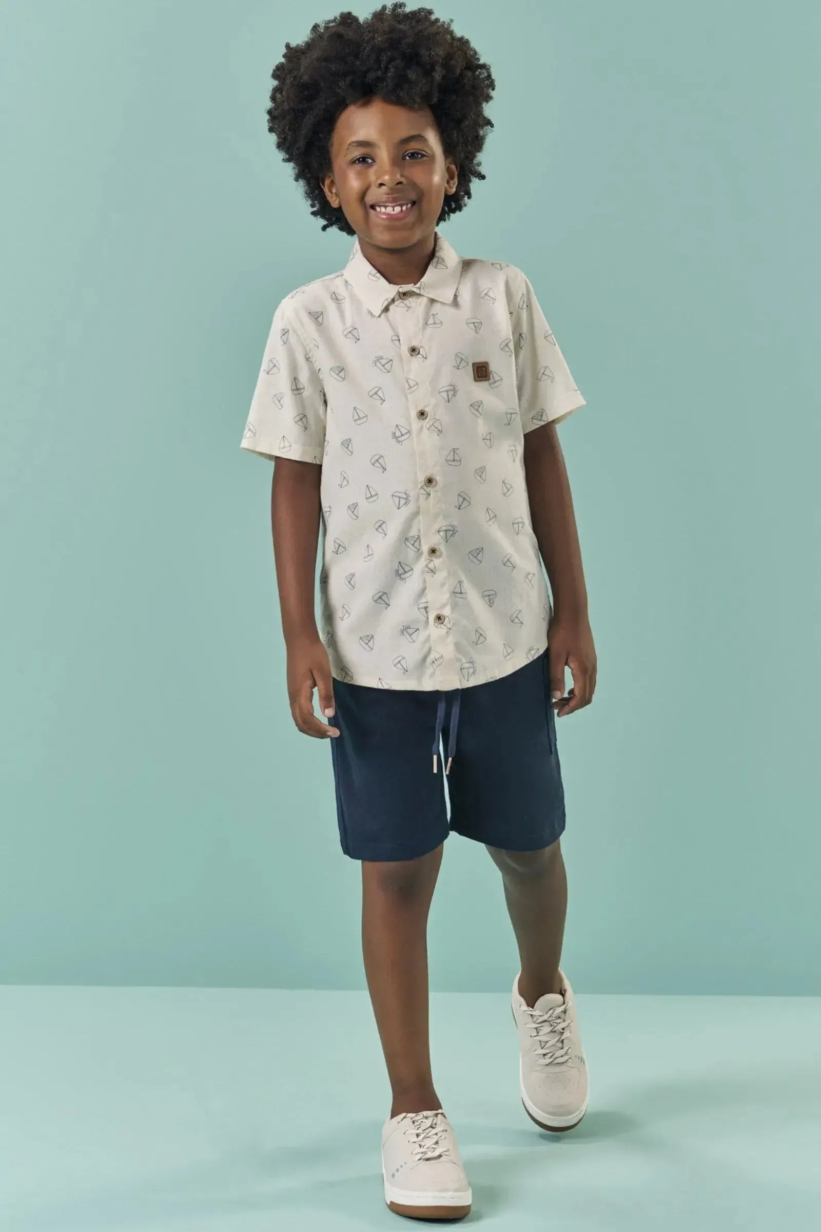Conjunto de Camisa em Linho Deluxe e Bermuda em Sarja Caribe com Elastano 82842 LucBoo Infantil Menino