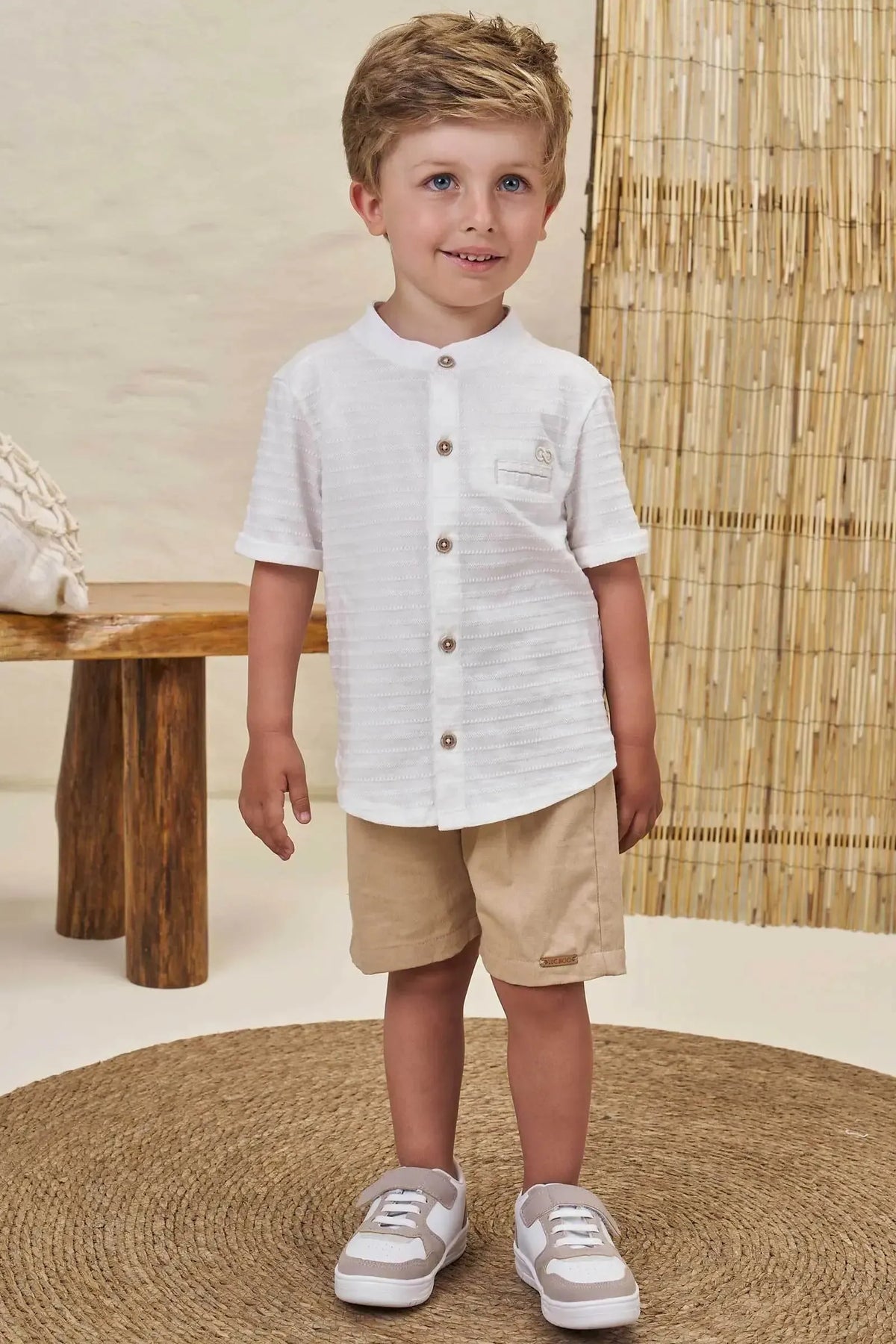Conjunto de Camisa em Malha Textura e Bermuda em Linho Santorine com Elastano 97965 LucBoo Infantil Menino