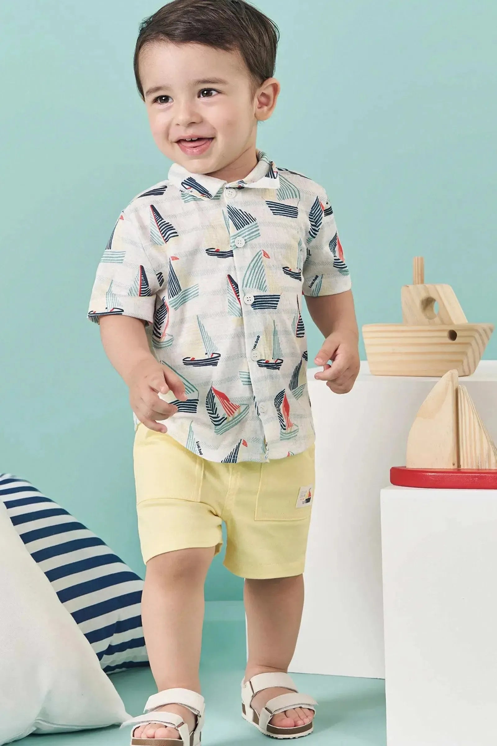 Conjunto de Camisa em Malha Wave e Bermuda em Linho Santorine com Elastano 83104 LucBoo Bebê Menino