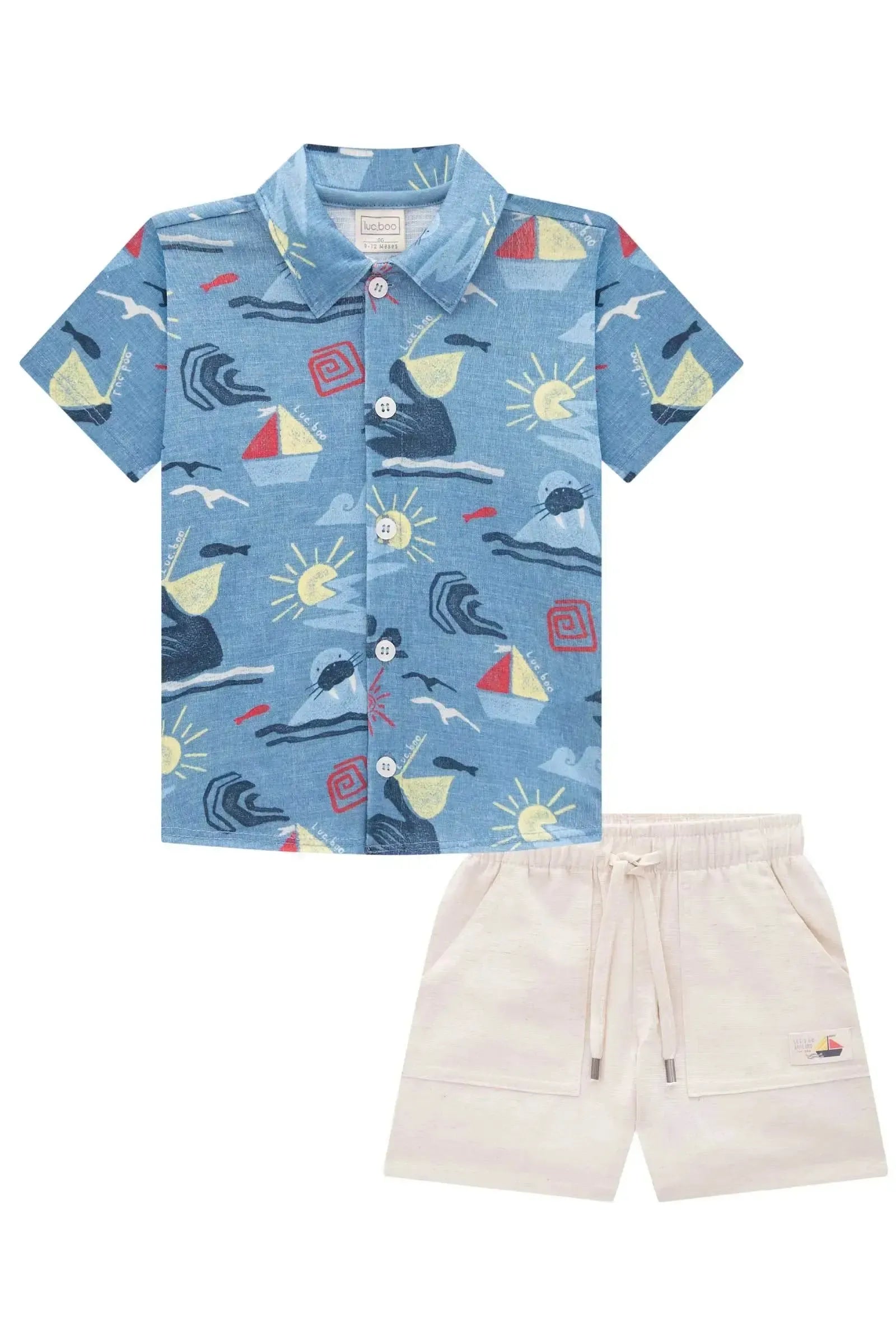 Conjunto de Camisa em Malha Wave e Bermuda em Linho Santorine com Elastano 83104 LucBoo Bebê Menino