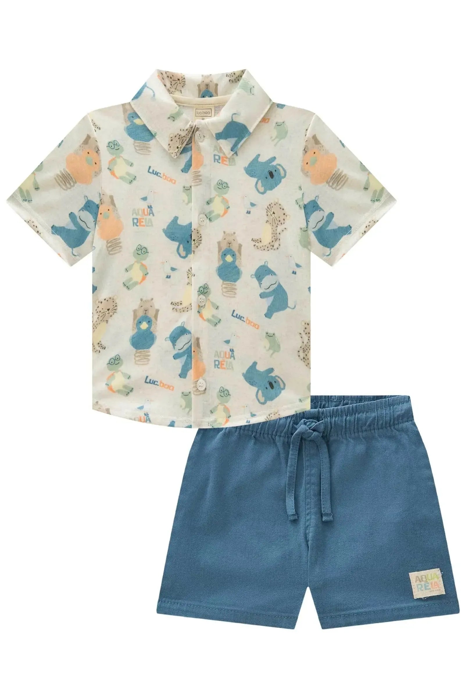 Conjunto de Camisa em Malha Wave e Bermuda em Sarja Onix Elastano 87860 LucBoo Bebê Menino