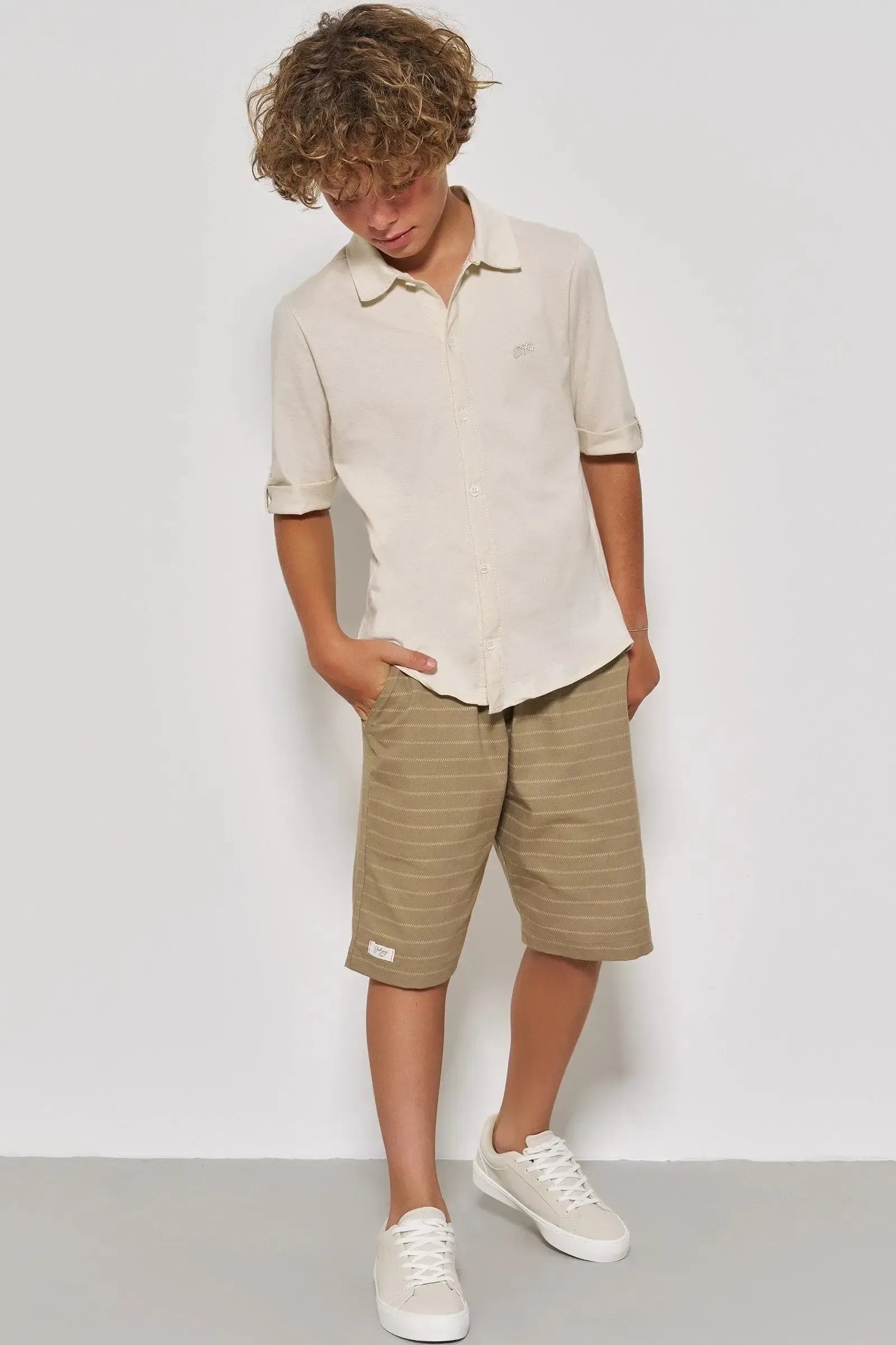 Conjunto de Camisa em Meia Malha e Bermuda em Linho Santorine com Elastano 87069 Johnny Fox Teen Menino