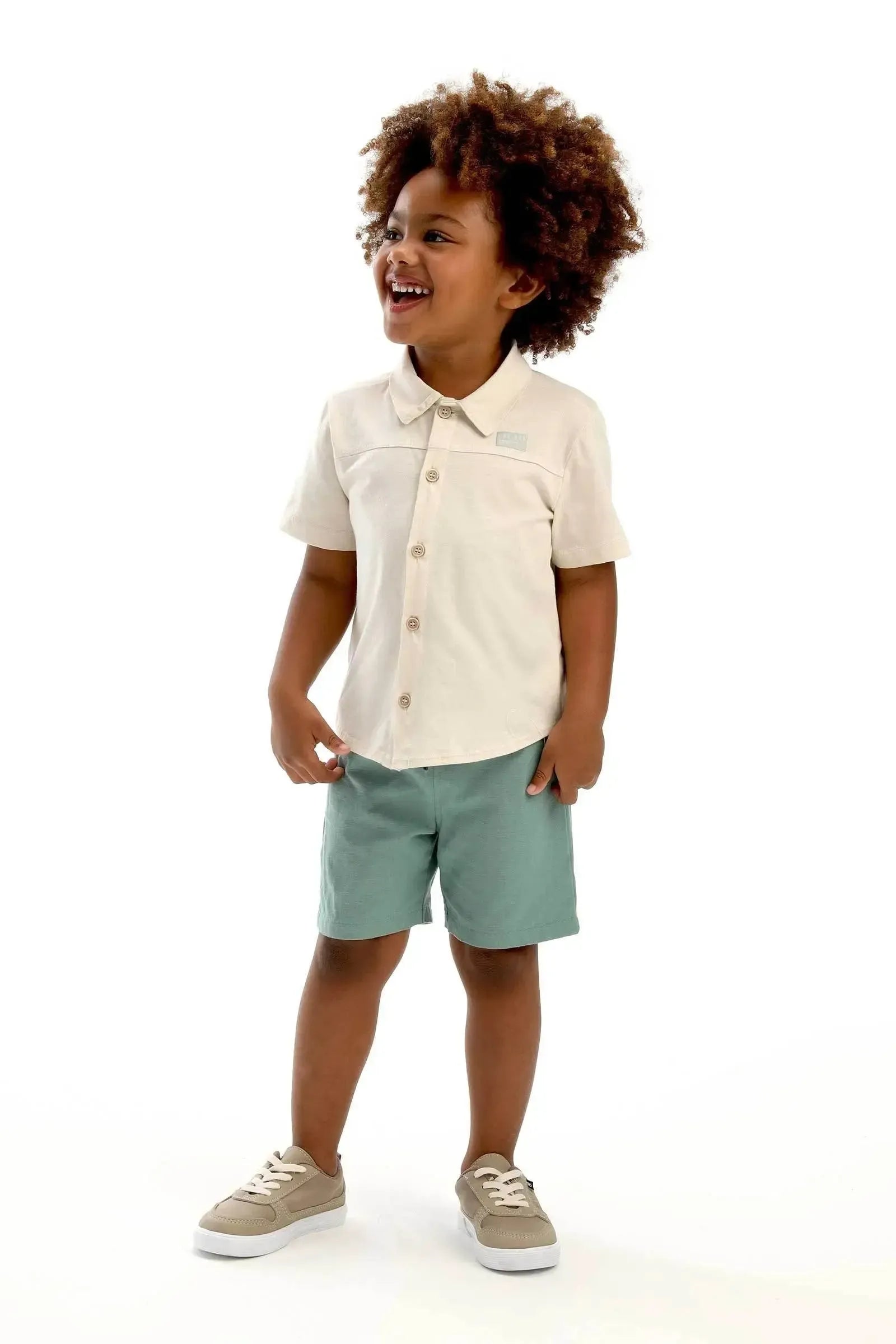Conjunto de Camisa em Meia Malha e Bermuda em Linho Santorine com Elastano 92863 LucBoo Bebê Menino
