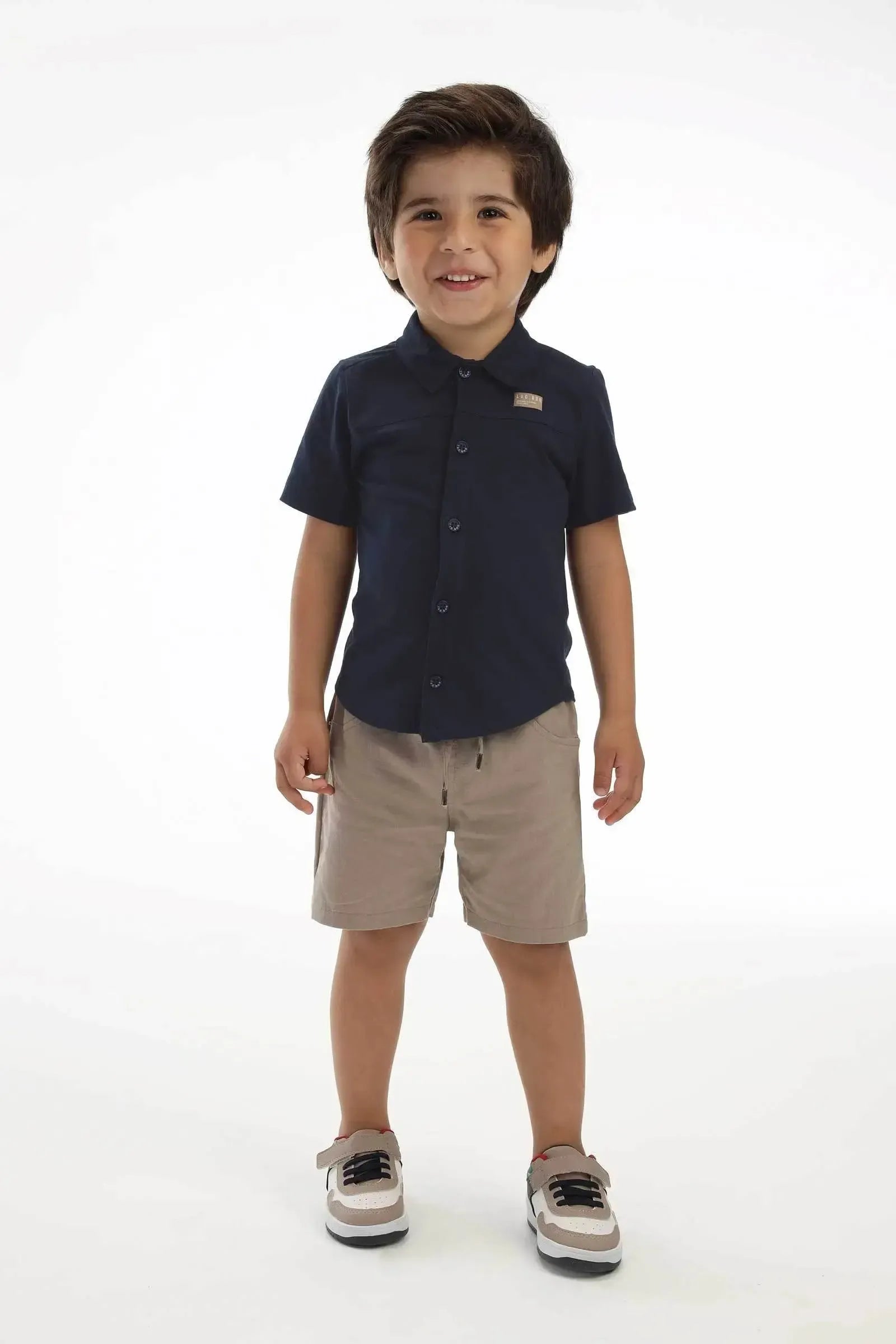 Conjunto de Camisa em Meia Malha e Bermuda em Linho Santorine com Elastano 92866 LucBoo Bebê Menino