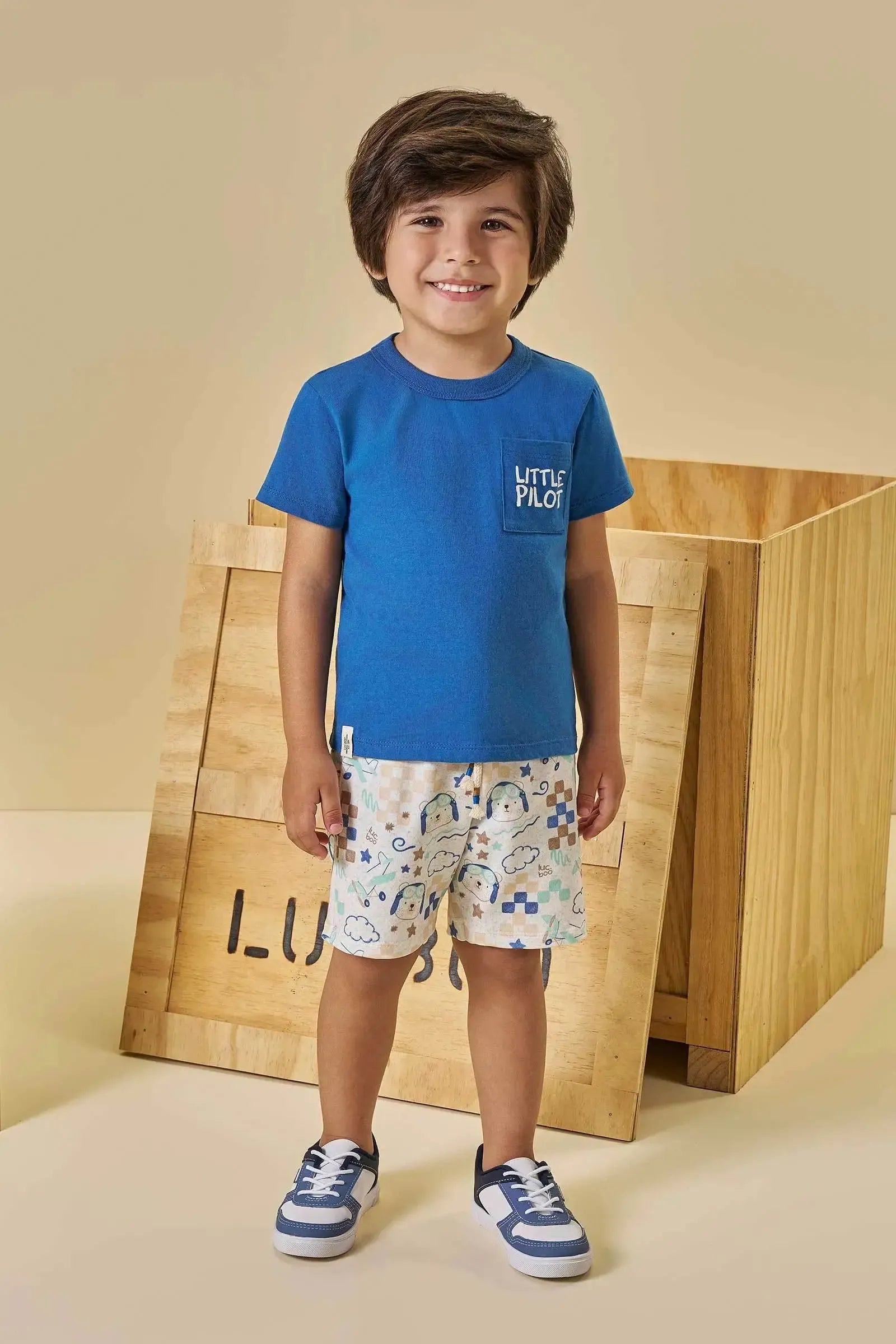 Conjunto de Camisa em Meia Malha e Bermuda em Molecotton 94547 LucBoo Infantil Menino