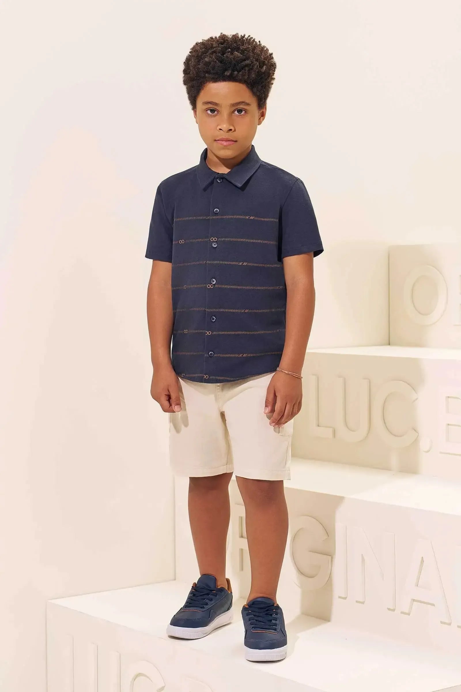 Conjunto de Camisa em Piquet com Elastano e Bermuda em Sarja com Elastano 97052 LucBoo Infantil Menino