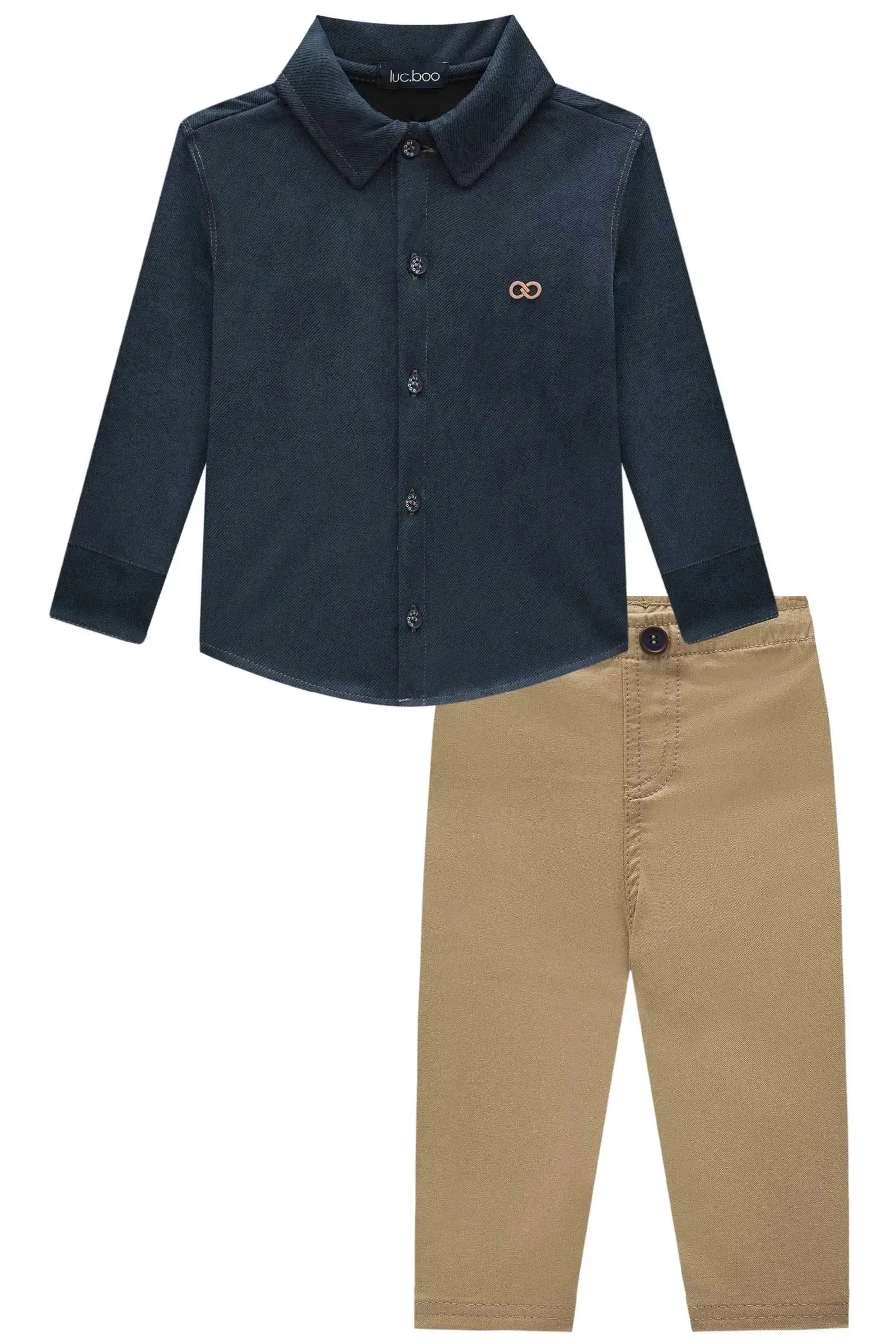 Conjunto de Camisa em Tecido Twill com Elastano e Calça em Sarja Girassol com Elastano 89776 LucBoo Bebê Menino