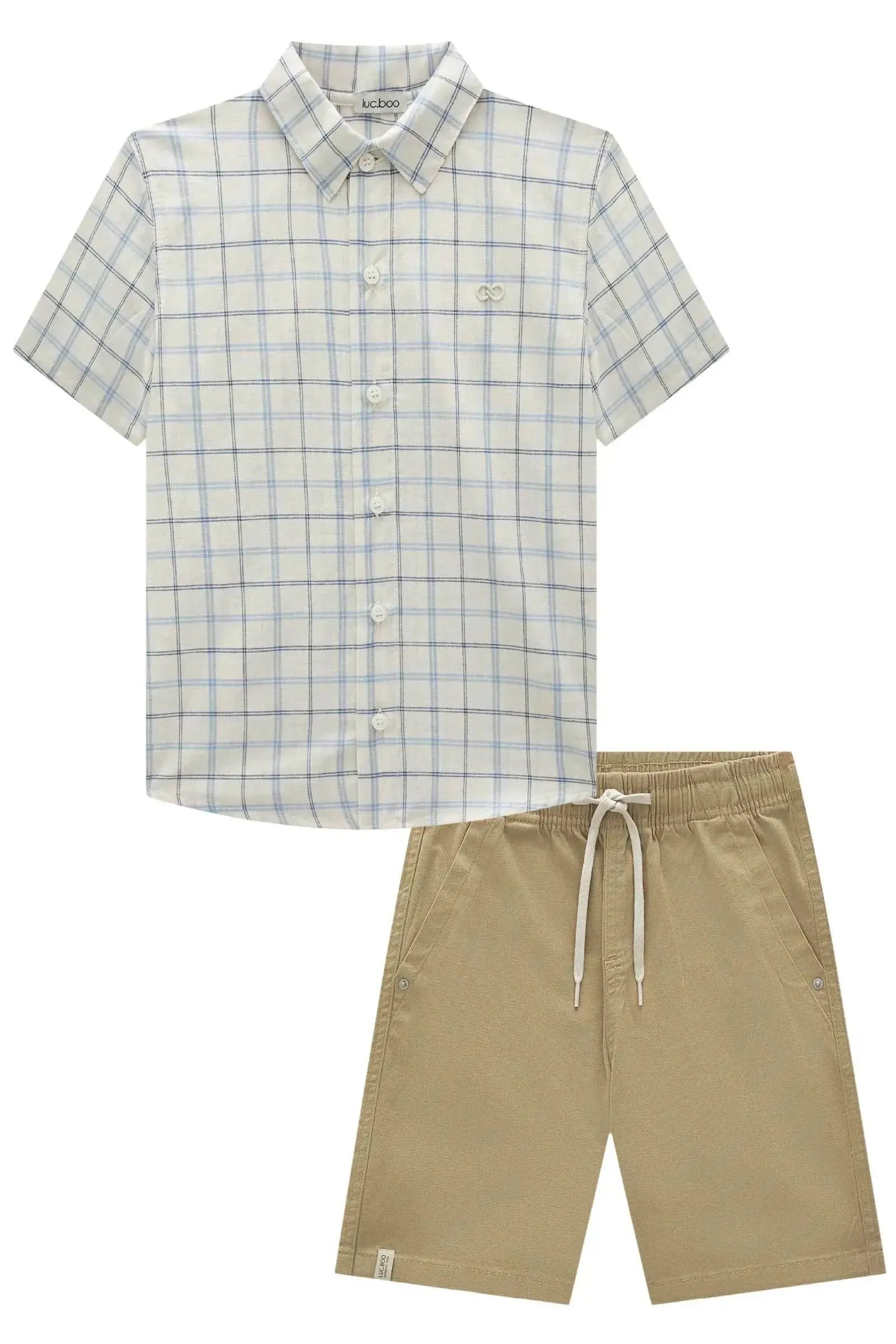 Conjunto de Camisa em Tecido Xadrez Fio Tinto e Bermuda em Sarja Stretch com Elastano 92429 LucBoo Infantil Menino