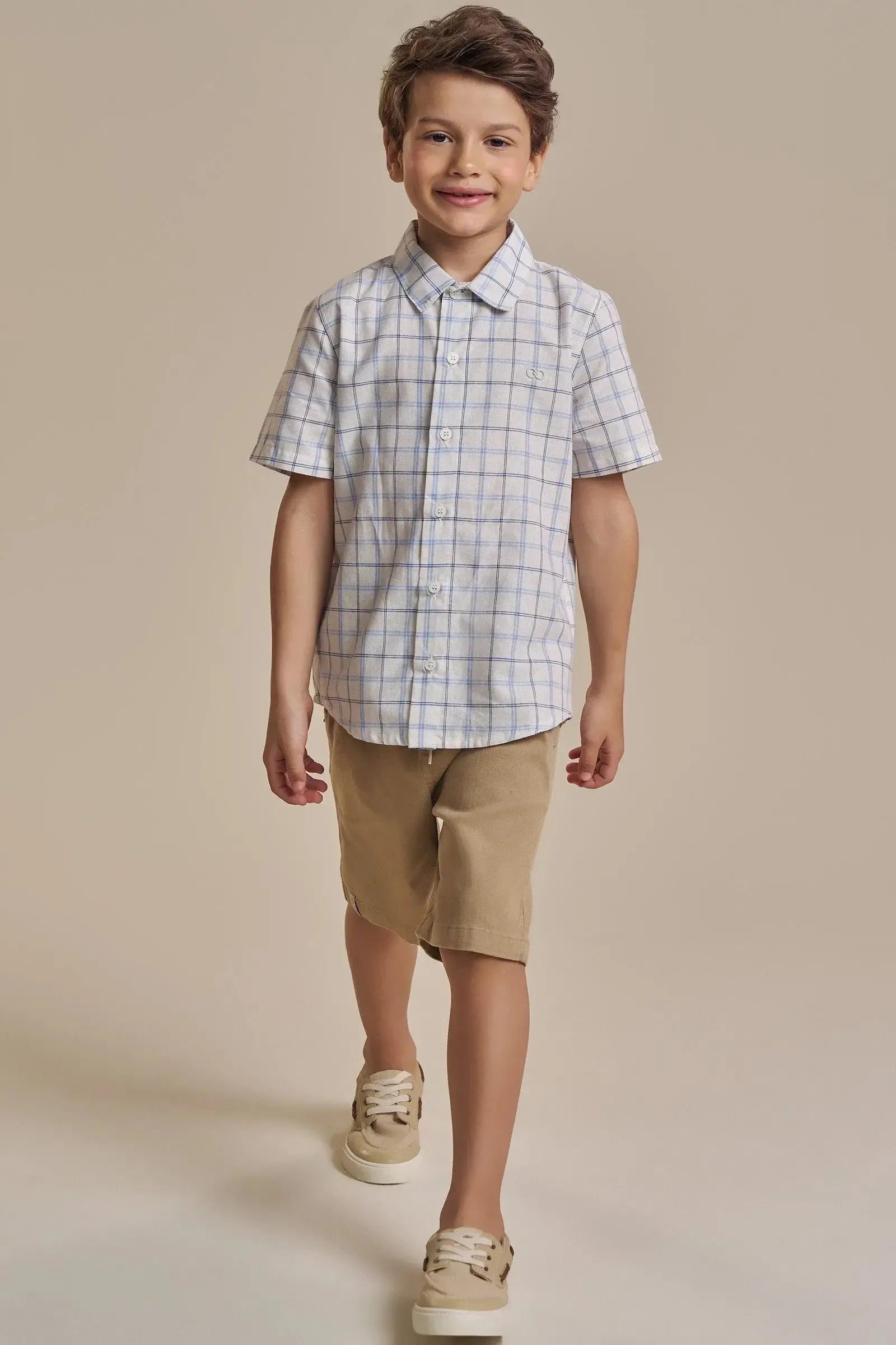 Conjunto de Camisa em Tecido Xadrez Fio Tinto e Bermuda em Sarja Stretch com Elastano 92429 LucBoo Infantil Menino