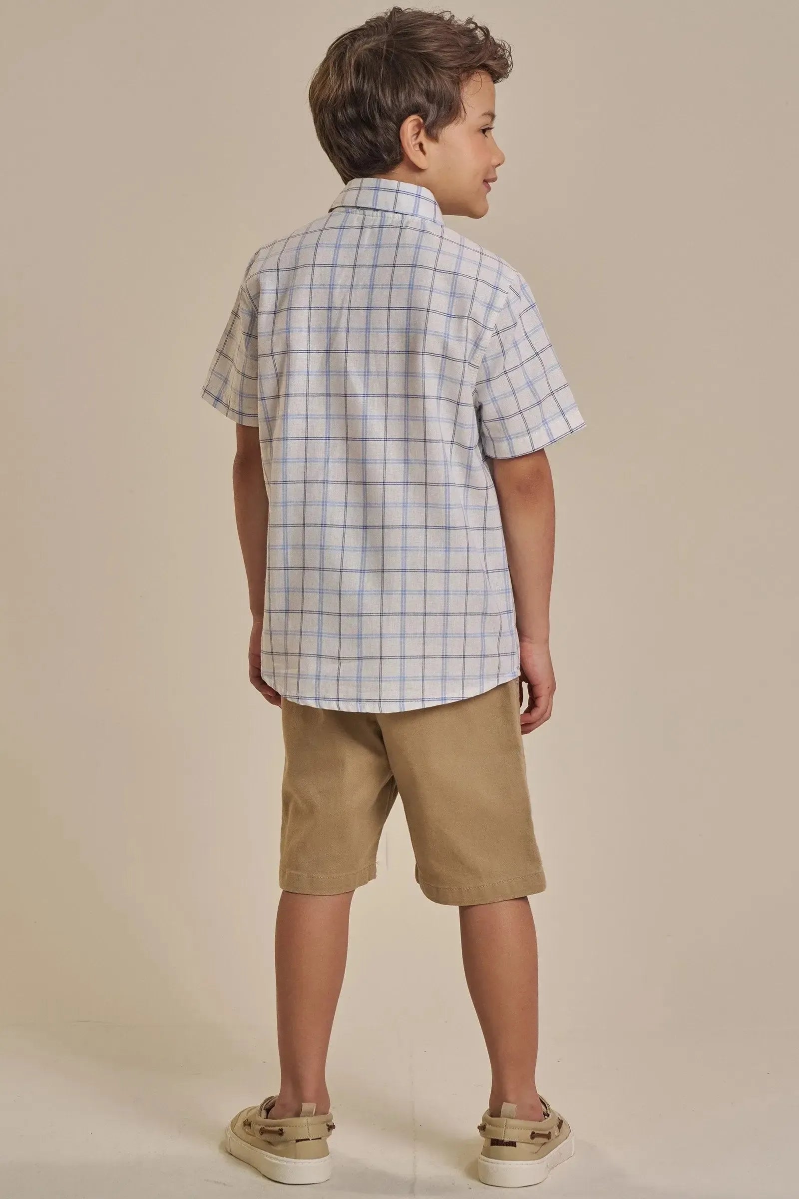 Conjunto de Camisa em Tecido Xadrez Fio Tinto e Bermuda em Sarja Stretch com Elastano 92429 LucBoo Infantil Menino