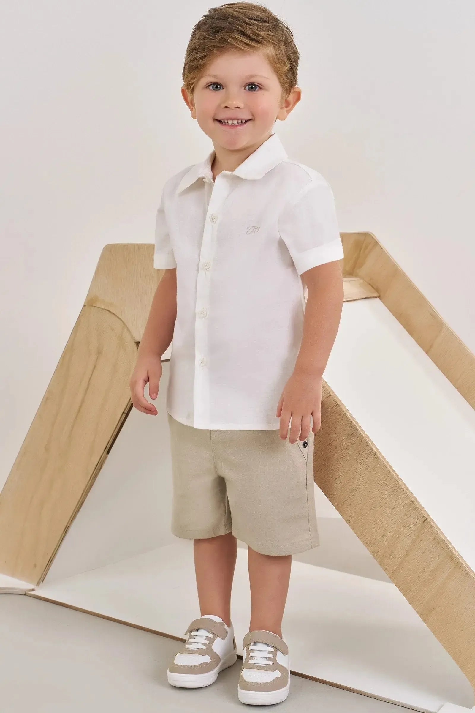 Conjunto de Camisa em Tricoline Mônaco com Elastano e Bermuda em Sarja com Elastano 86328 Johnny Fox Bebê Menino