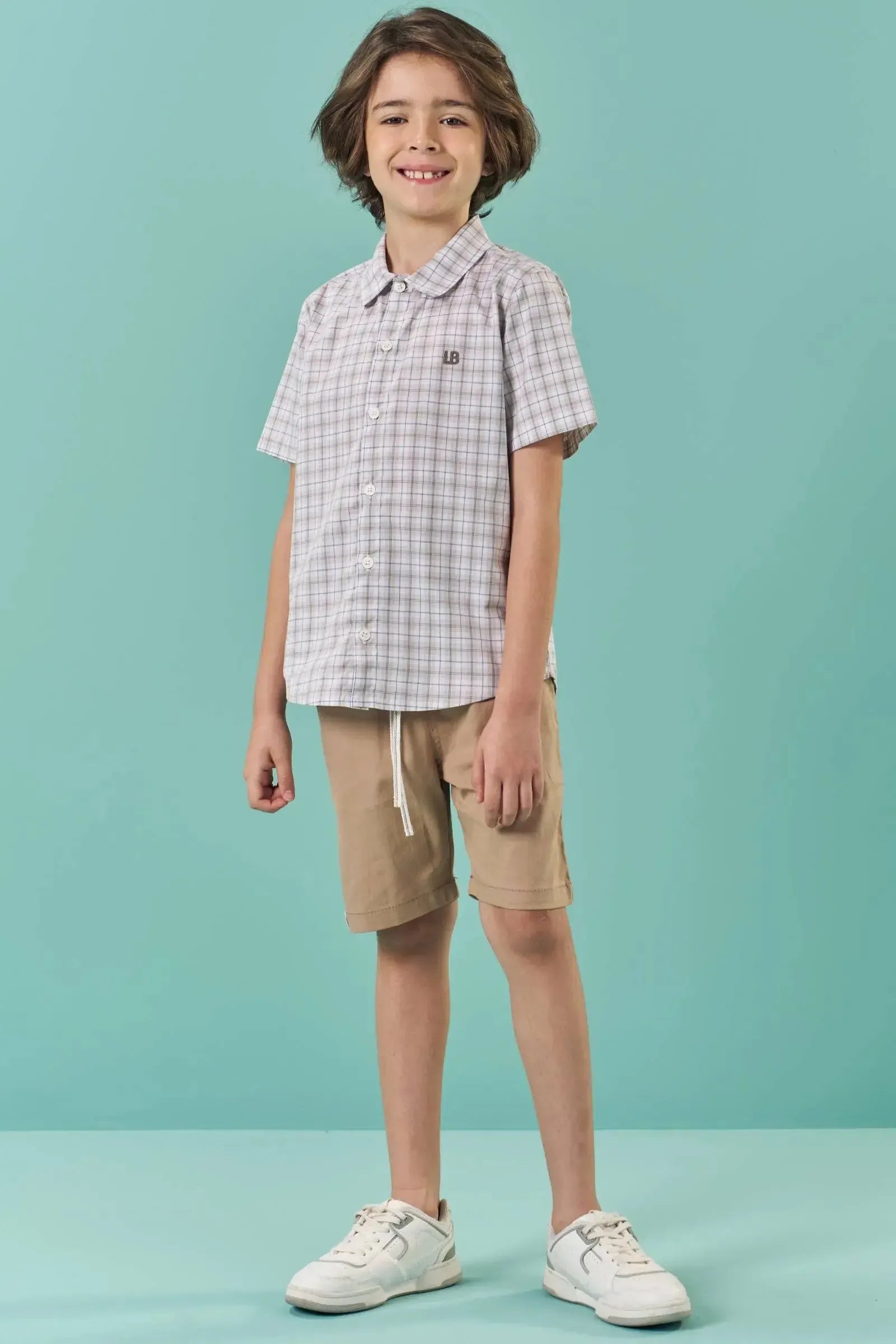 Conjunto de Camisa em Tricoline Xadrez com Elast. e Bermuda em Linho Santorine com Elastano 82838 LucBoo Infantil Menino