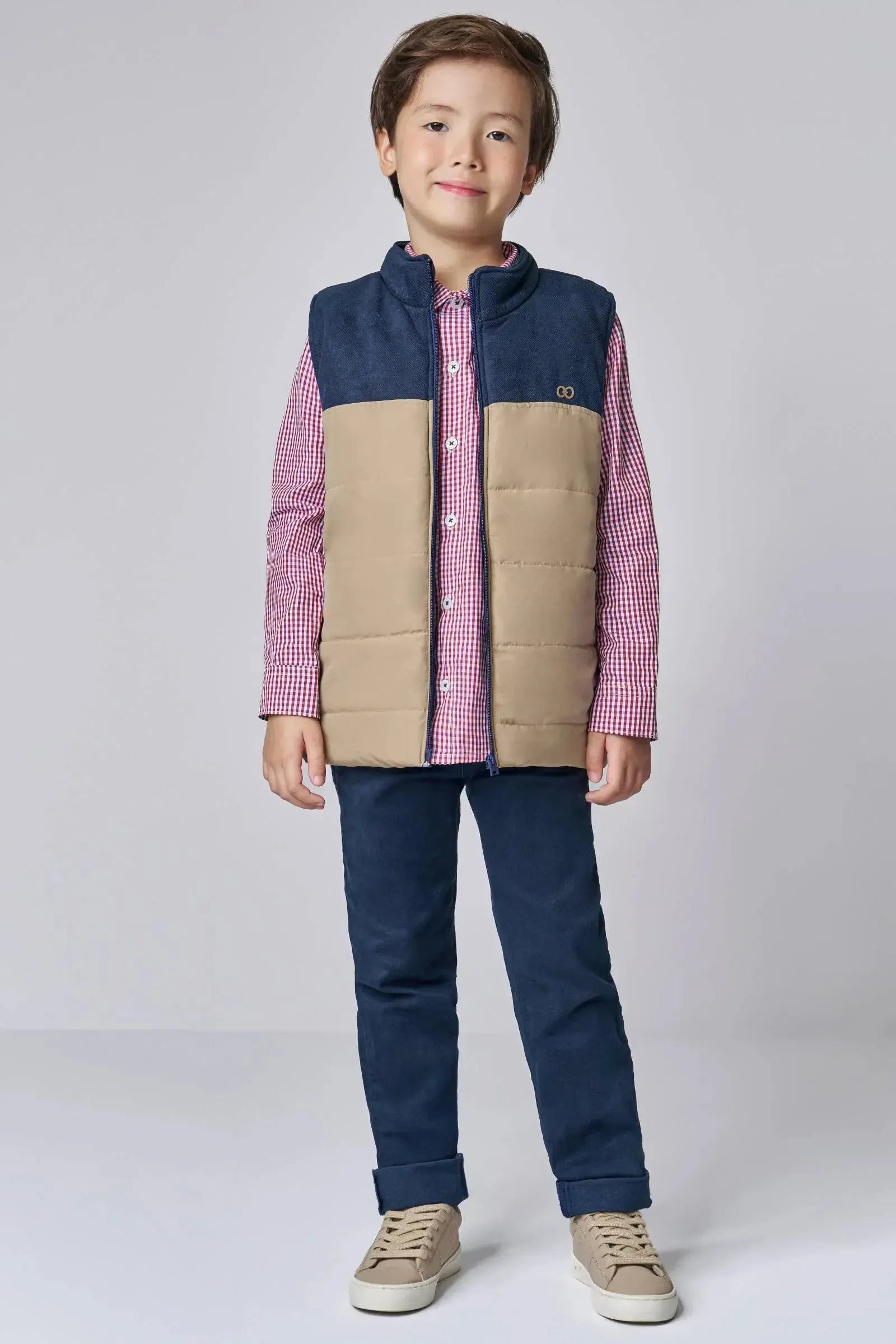 Conjunto de Camisa em Tricoline Xadrez e Calça Skinny em Sarja Stretch com Elastano 92085 LucBoo Infantil Menino