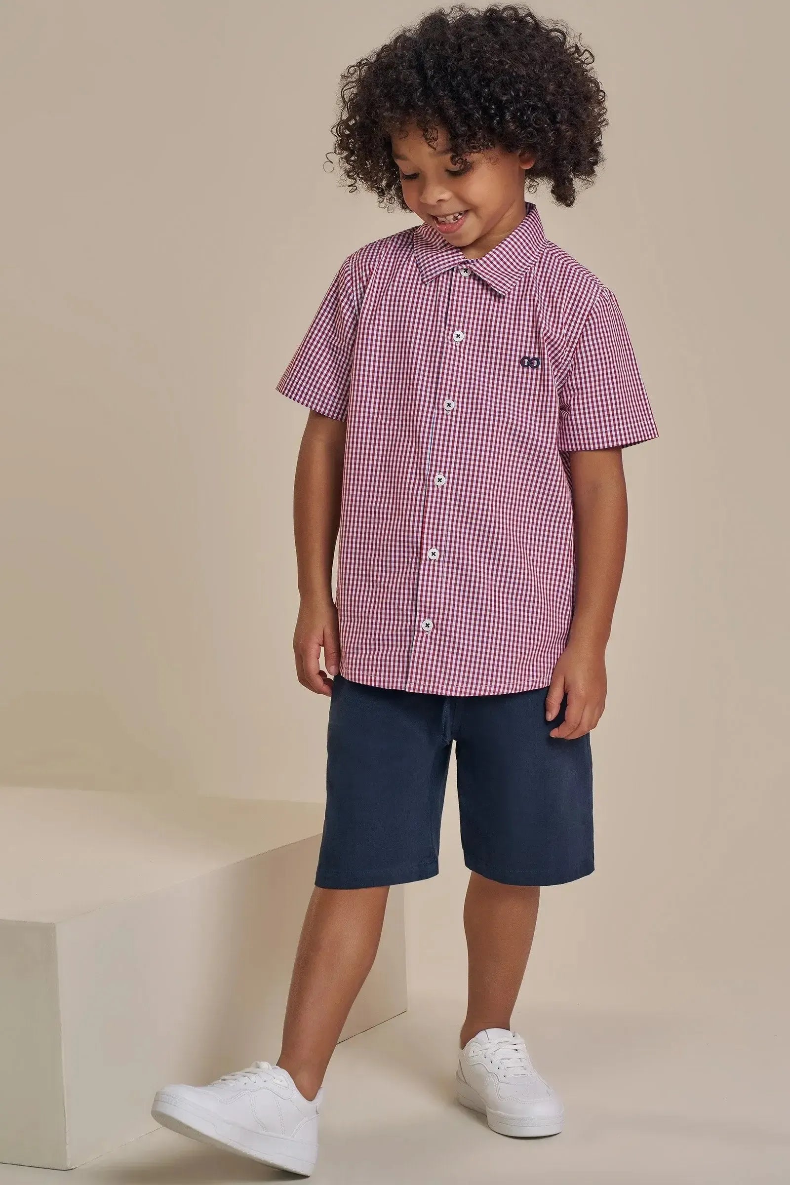 Conjunto de Camisa em Tricoline Xadrez Fio Tinto e Bermuda em Sarja Stretch com Elastano 93545 LucBoo Infantil Menino