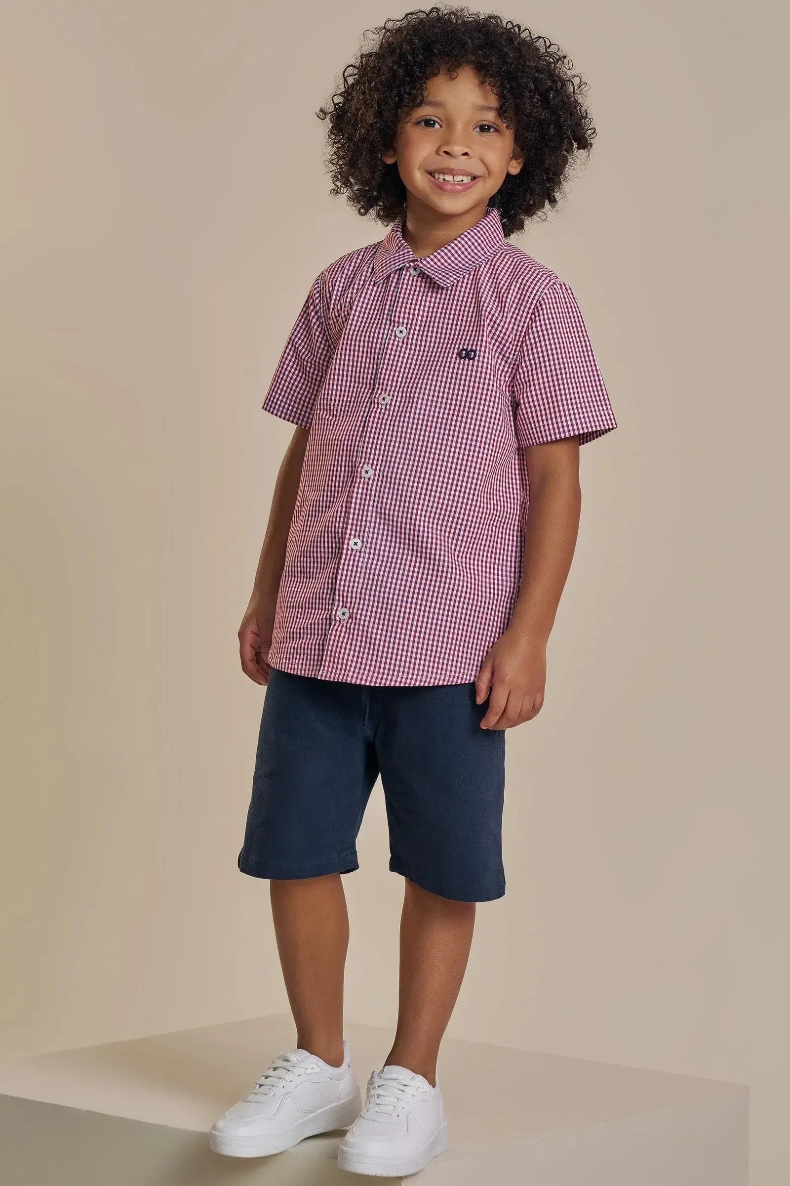 Conjunto de Camisa em Tricoline Xadrez Fio Tinto e Bermuda em Sarja Stretch com Elastano 93545 LucBoo Infantil Menino