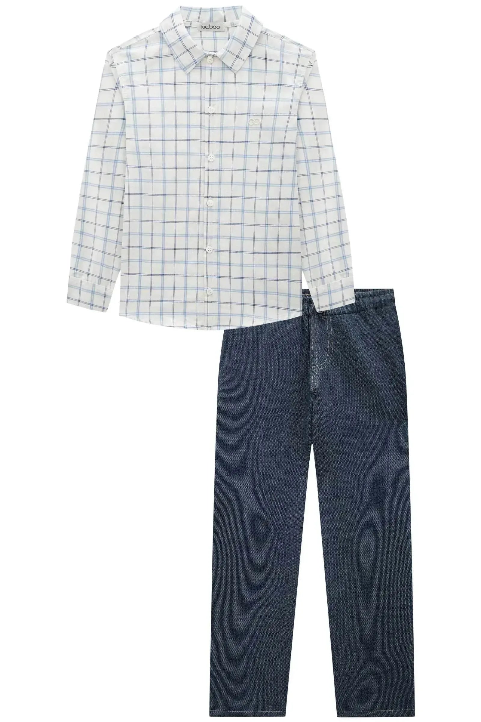Conjunto de Camisa em Tricoline Xadrez Fio Tinto e Calça em Cotton Jeans com Elastano 89892 LucBoo Infantil Menino