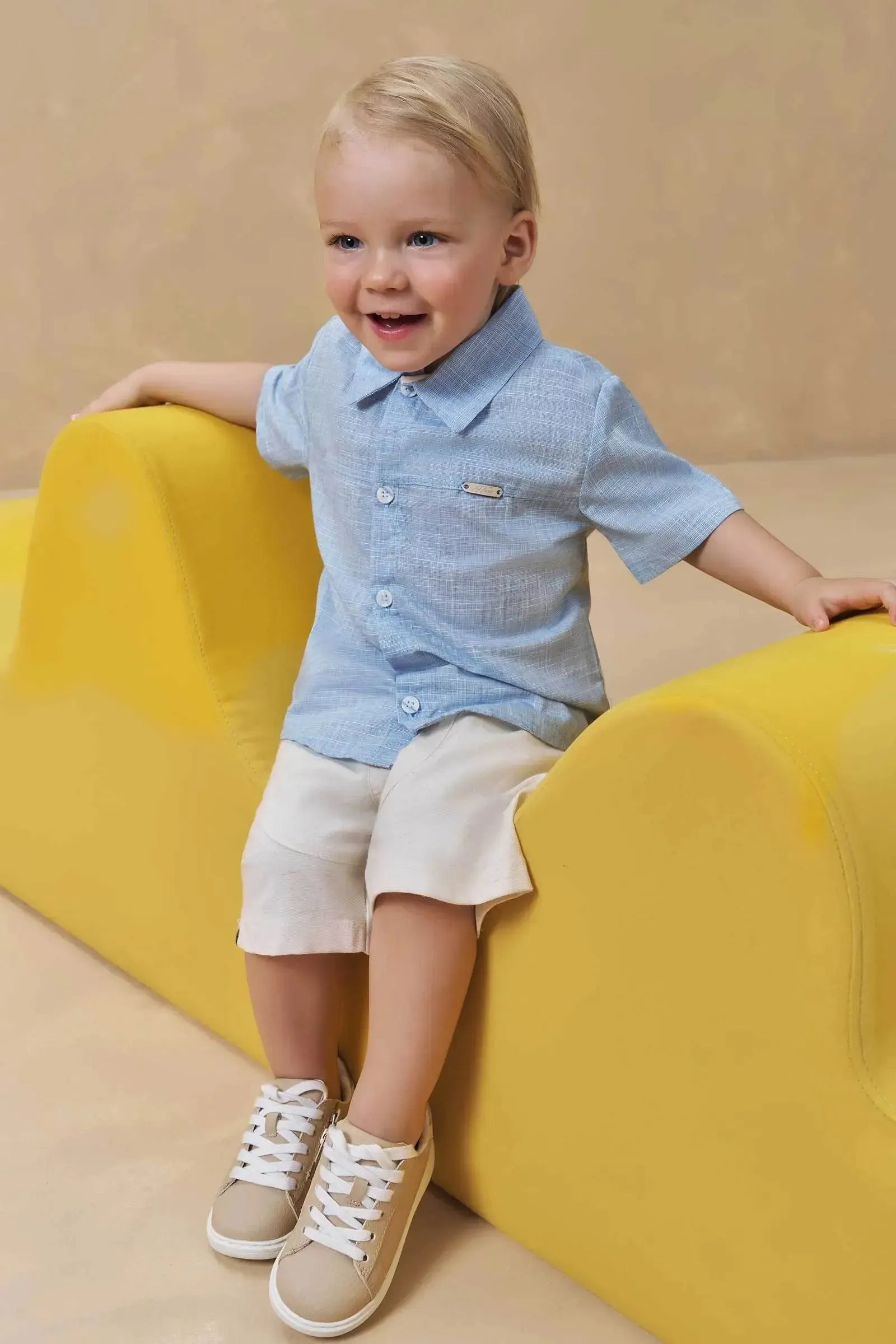 Conjunto de Camisa em Verano Chambray e Bermuda em Linho Santorine com Elastano 95172 Johnny Fox Teen Menino