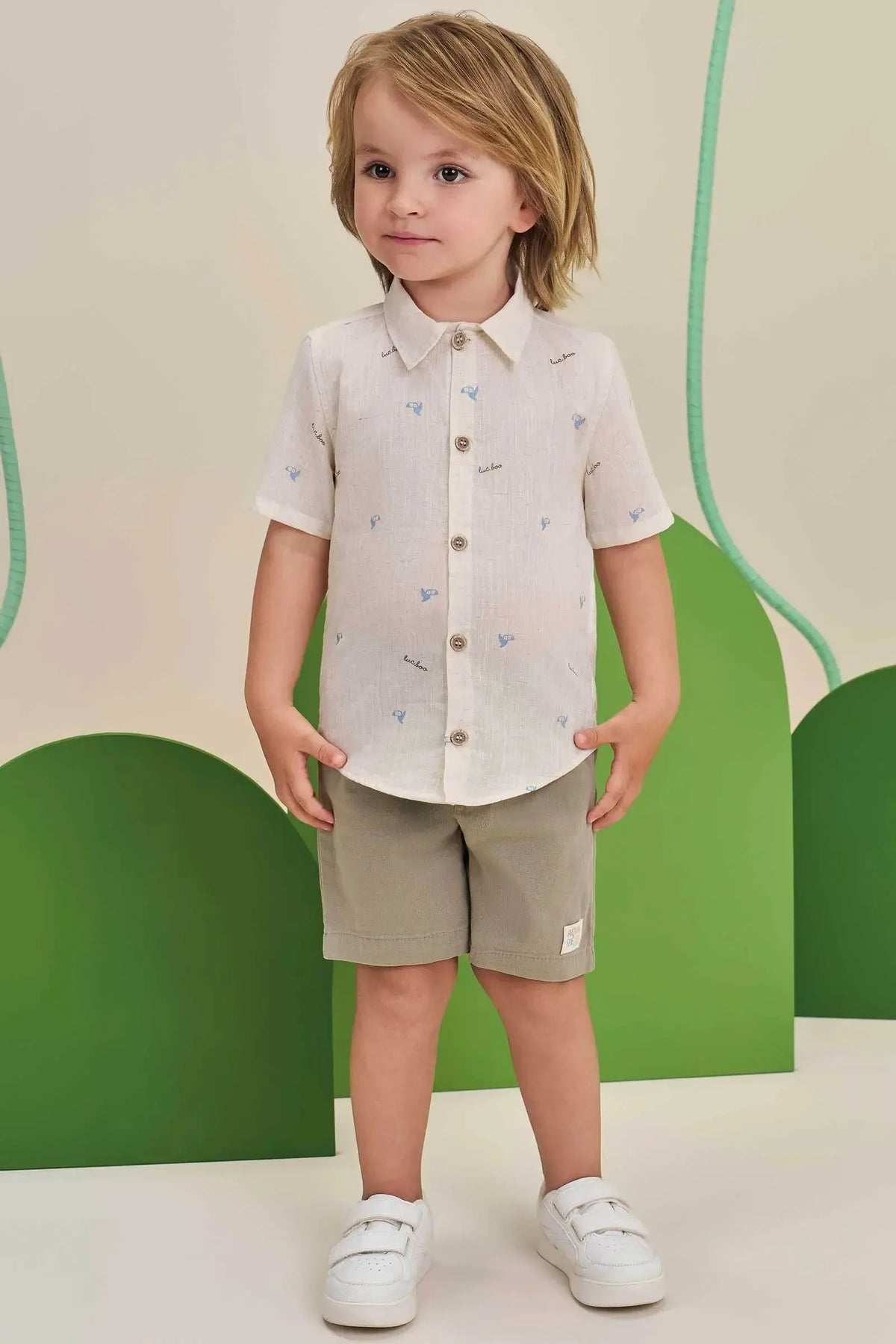 Conjunto de Camisa em Verano Linho Plus e Bermuda em Sarja Ônix com Elastano 98171 LucBoo Infantil Menino