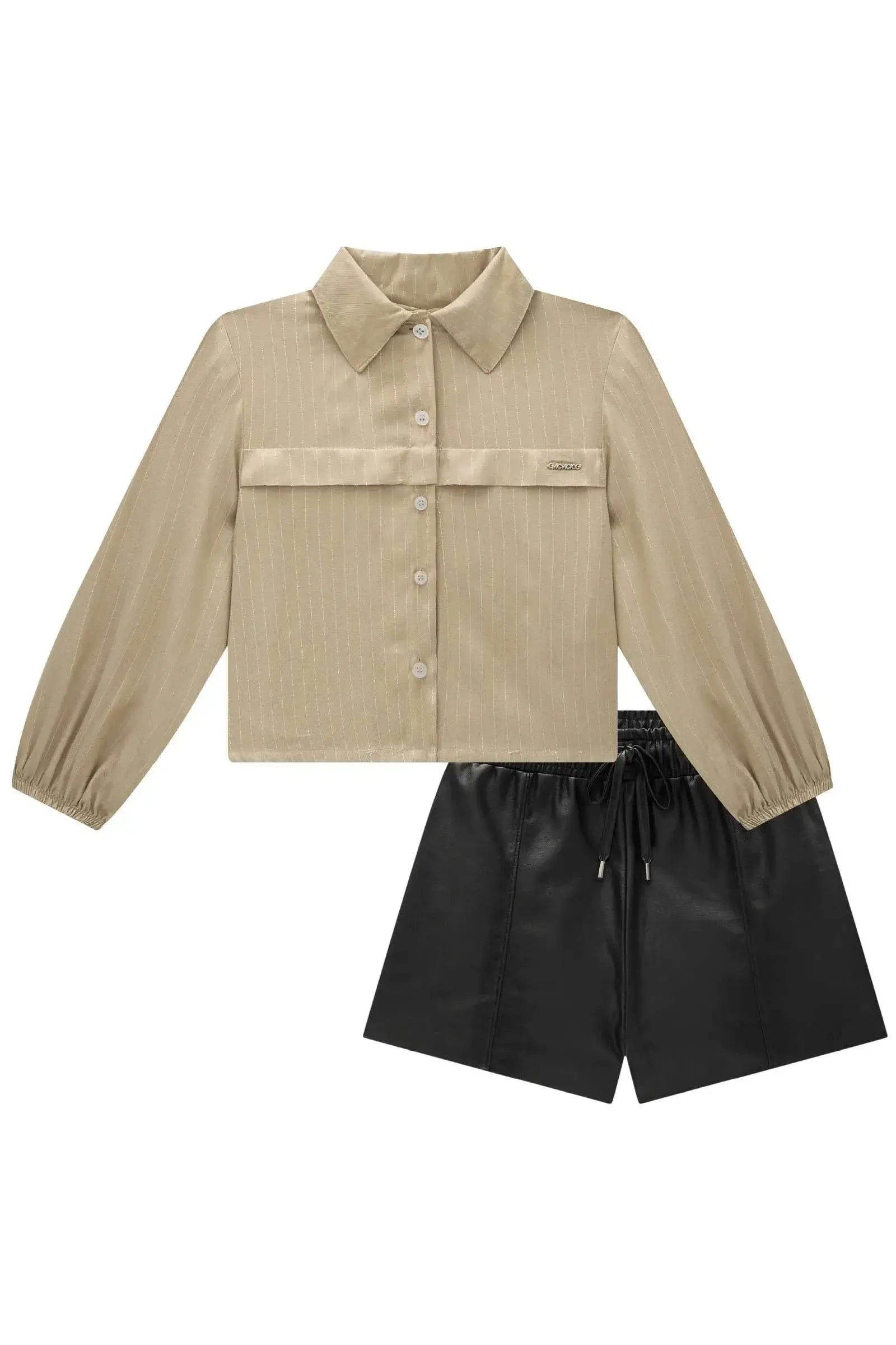 Conjunto de Camisa em Visco Shine e Shorts em Couro Sintético 90123 Vic&Vicky Teen Menina