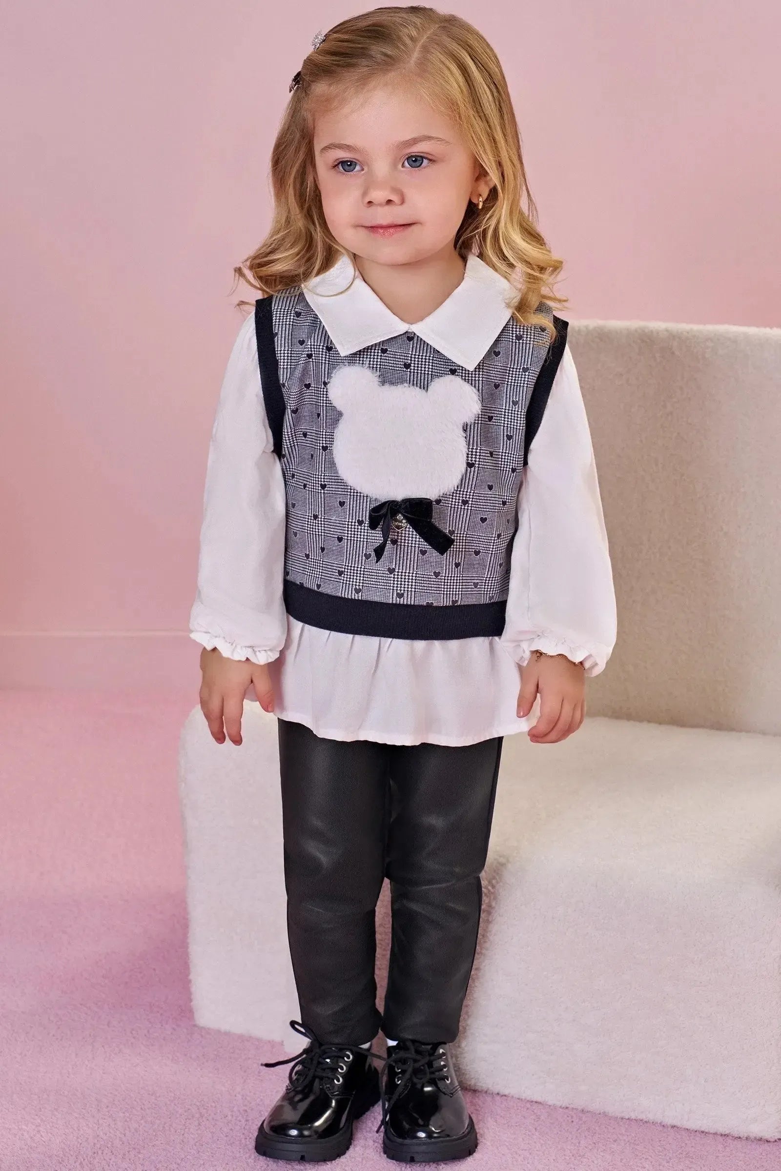 Conjunto de Camisa em Viscose Sarjada e Molecotton com Calça Legging em Couro e Termoskin 90488 Infanti Bebê Menina