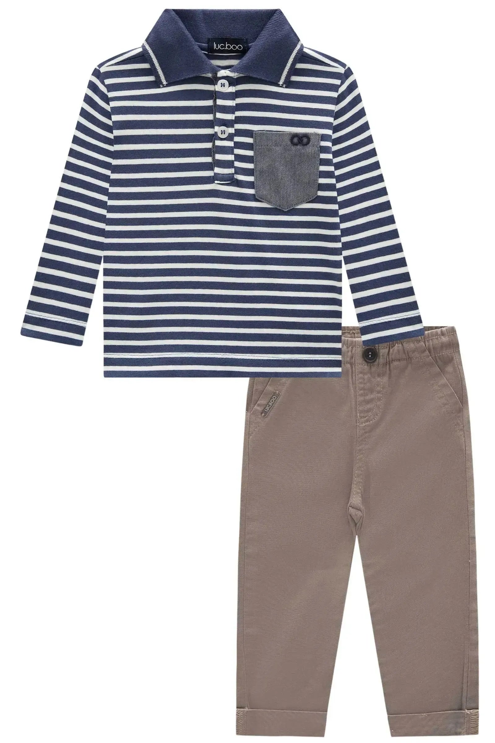 Conjunto de Camisa Polo em Cotton e Calça Skinny em Sarja Stretch com Elastano 90208 LucBoo Bebê Menino