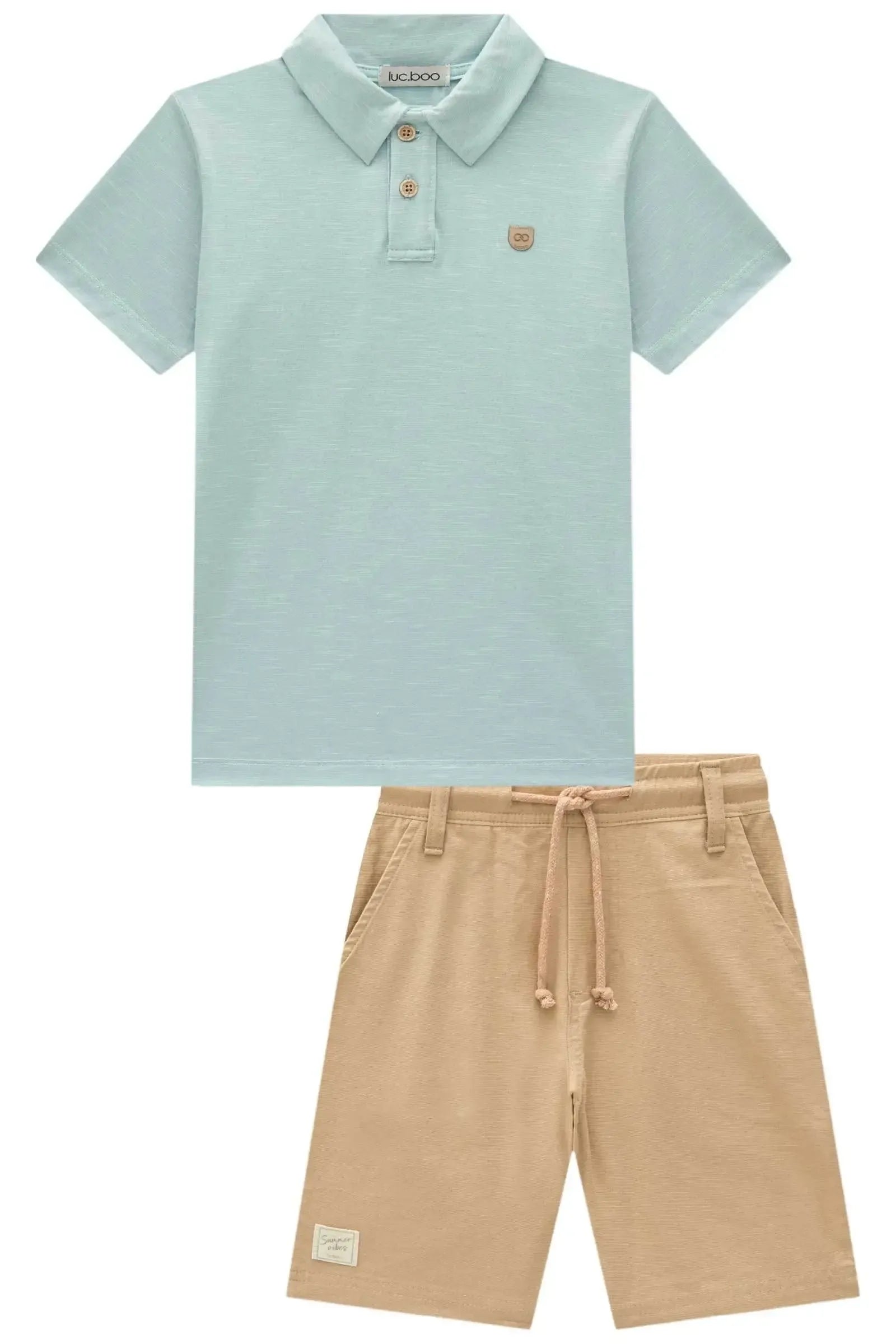 Conjunto de Camisa Polo em Malha Mesclada e Bermuda em Linho Santorine com Elastano 97102 LucBoo Infantil Menino