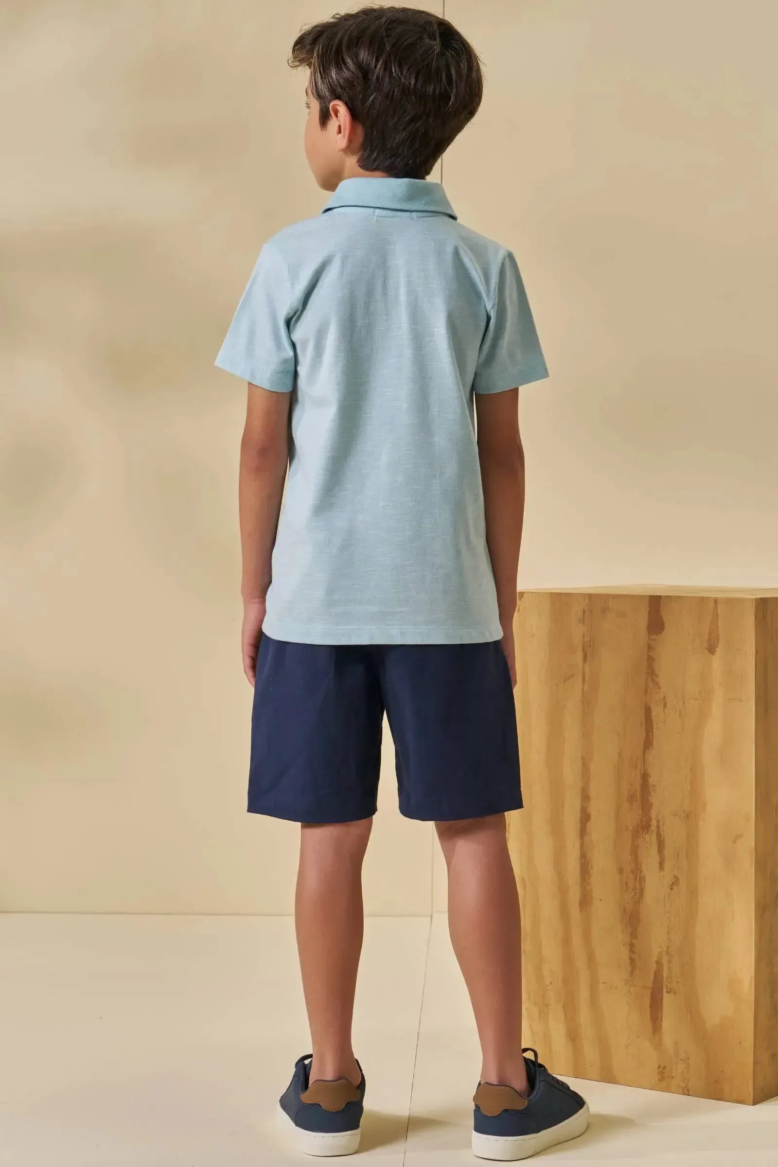 Conjunto de Camisa Polo em Malha Mesclada e Bermuda em Sarja Girassol com Elastano 96548 LucBoo Infantil Menino