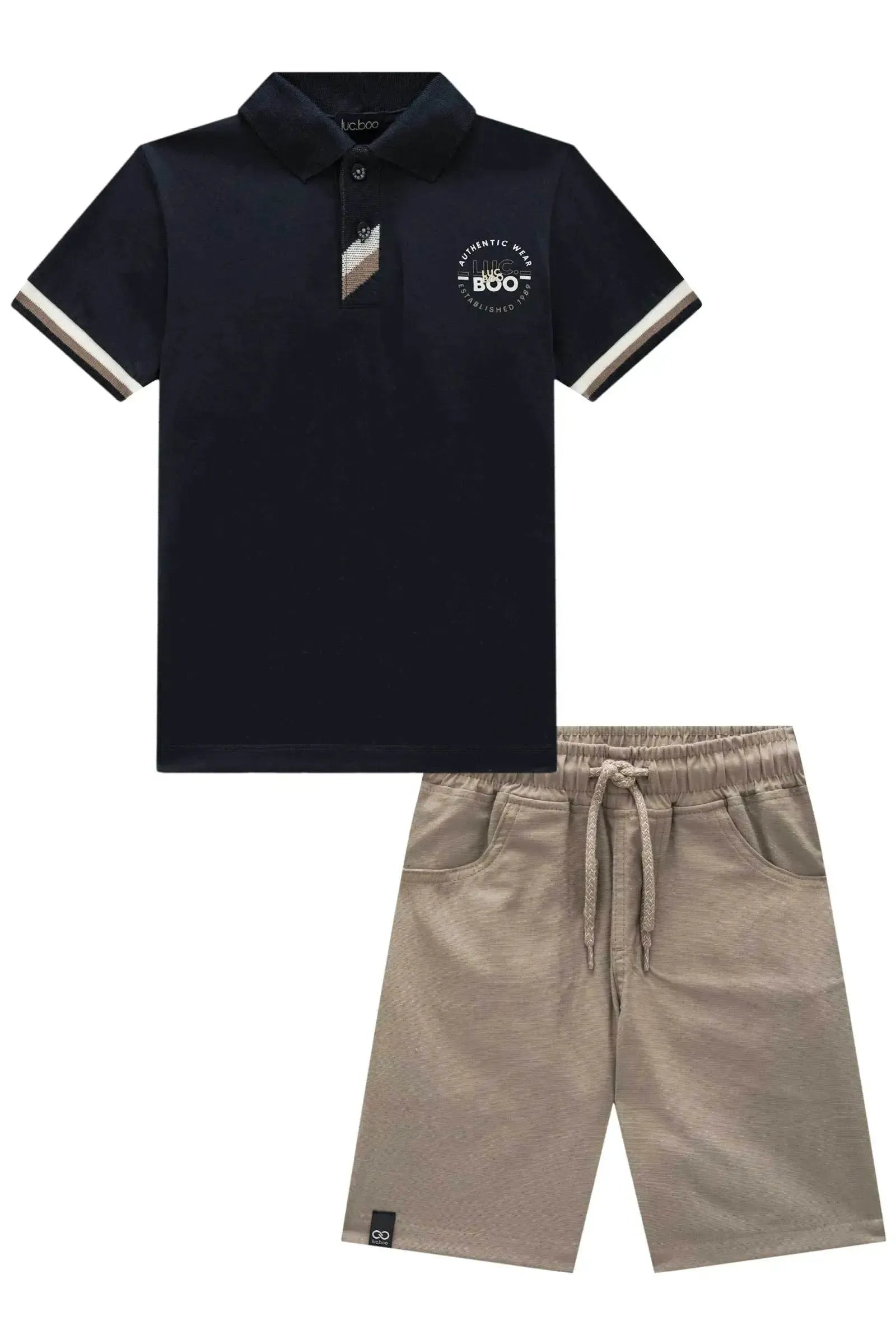 Conjunto de Camisa Polo em Meia Malha e Bermuda em Linho Santorine com Elastano 92461 LucBoo Infantil Menino