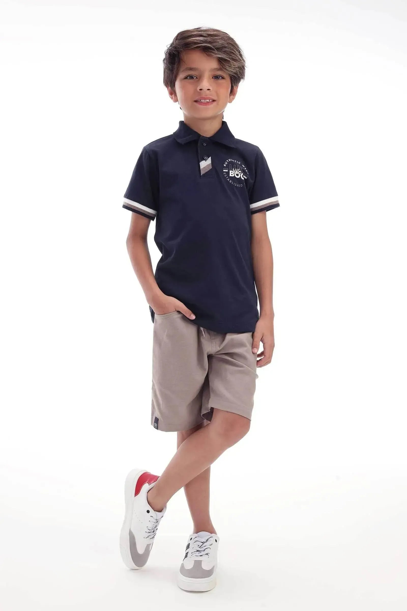 Conjunto de Camisa Polo em Meia Malha e Bermuda em Linho Santorine com Elastano 92461 LucBoo Infantil Menino