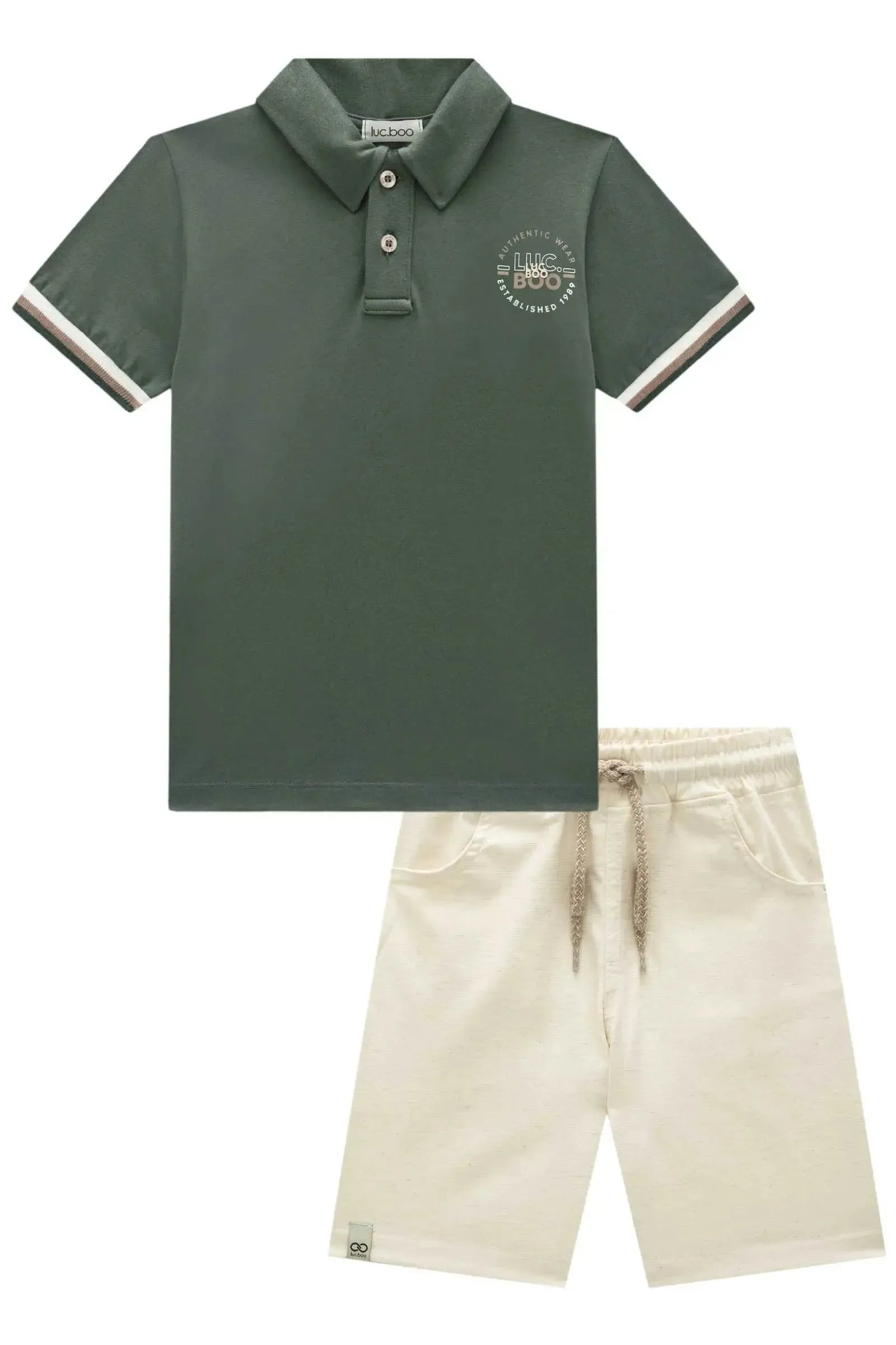 Conjunto de Camisa Polo em Meia Malha e Bermuda em Linho Santorine com Elastano 93137 LucBoo Infantil Menino