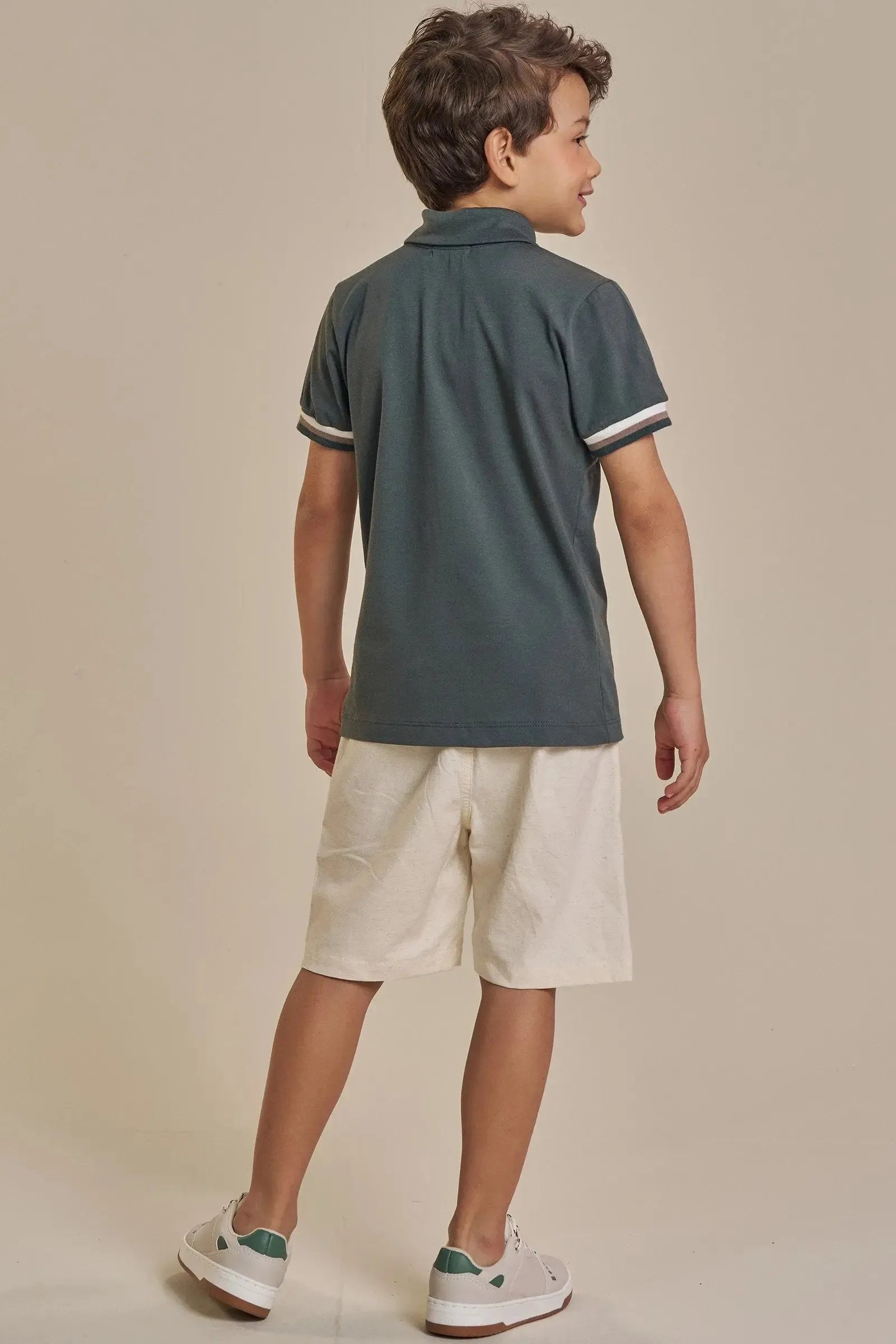 Conjunto de Camisa Polo em Meia Malha e Bermuda em Linho Santorine com Elastano 93137 LucBoo Infantil Menino