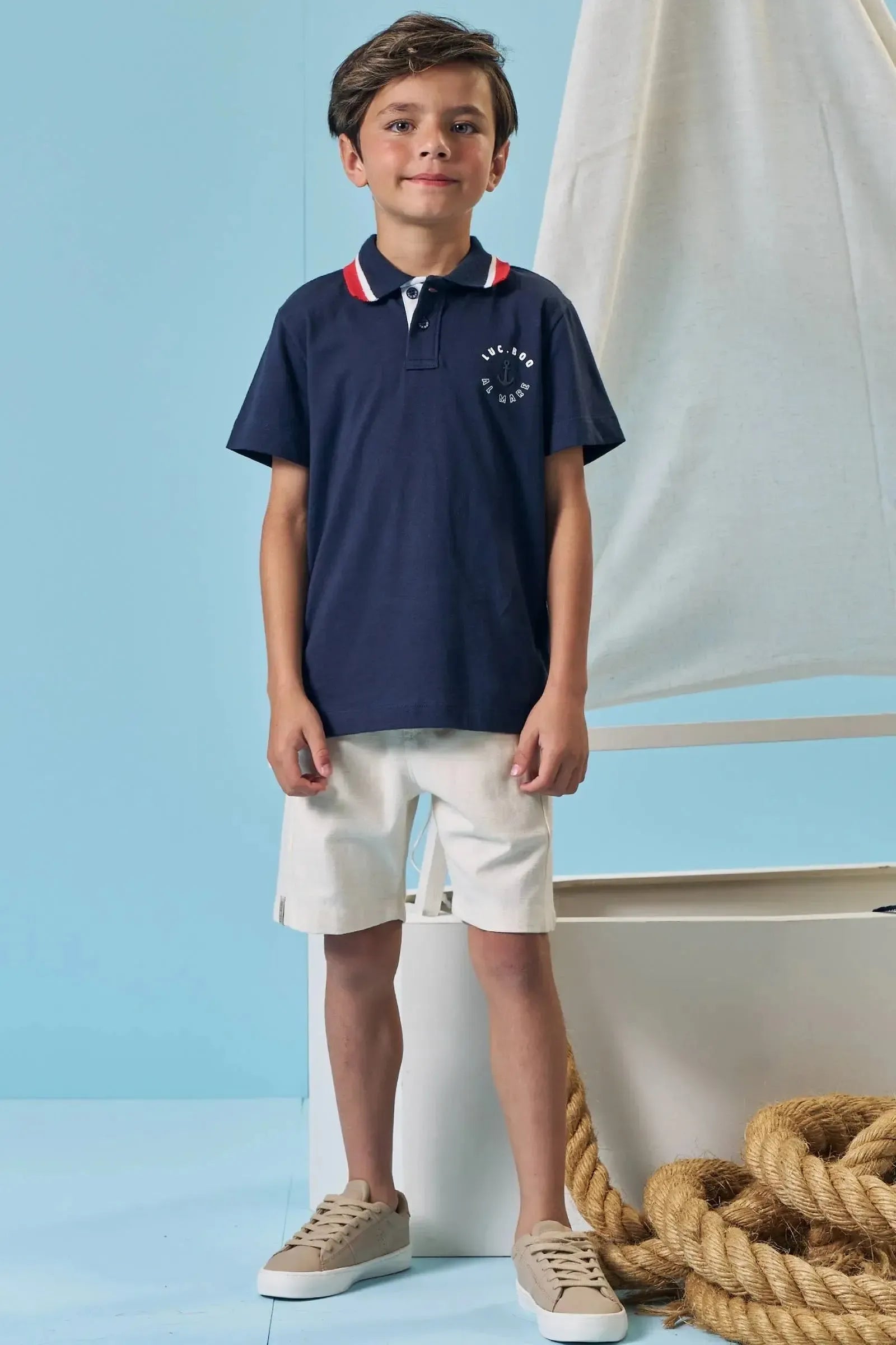 Conjunto de Camisa Polo em Meia Malha e Bermuda em Linho Santorine com Elastano 95477 LucBoo Infantil Menino