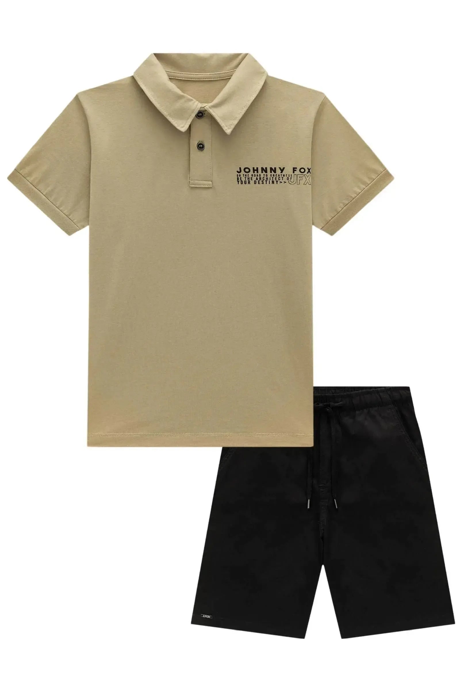 Conjunto de Camisa Polo em Meia Malha e Bermuda em Sarja Caribe com Elastano 85068 Johnny Fox Teen Menino