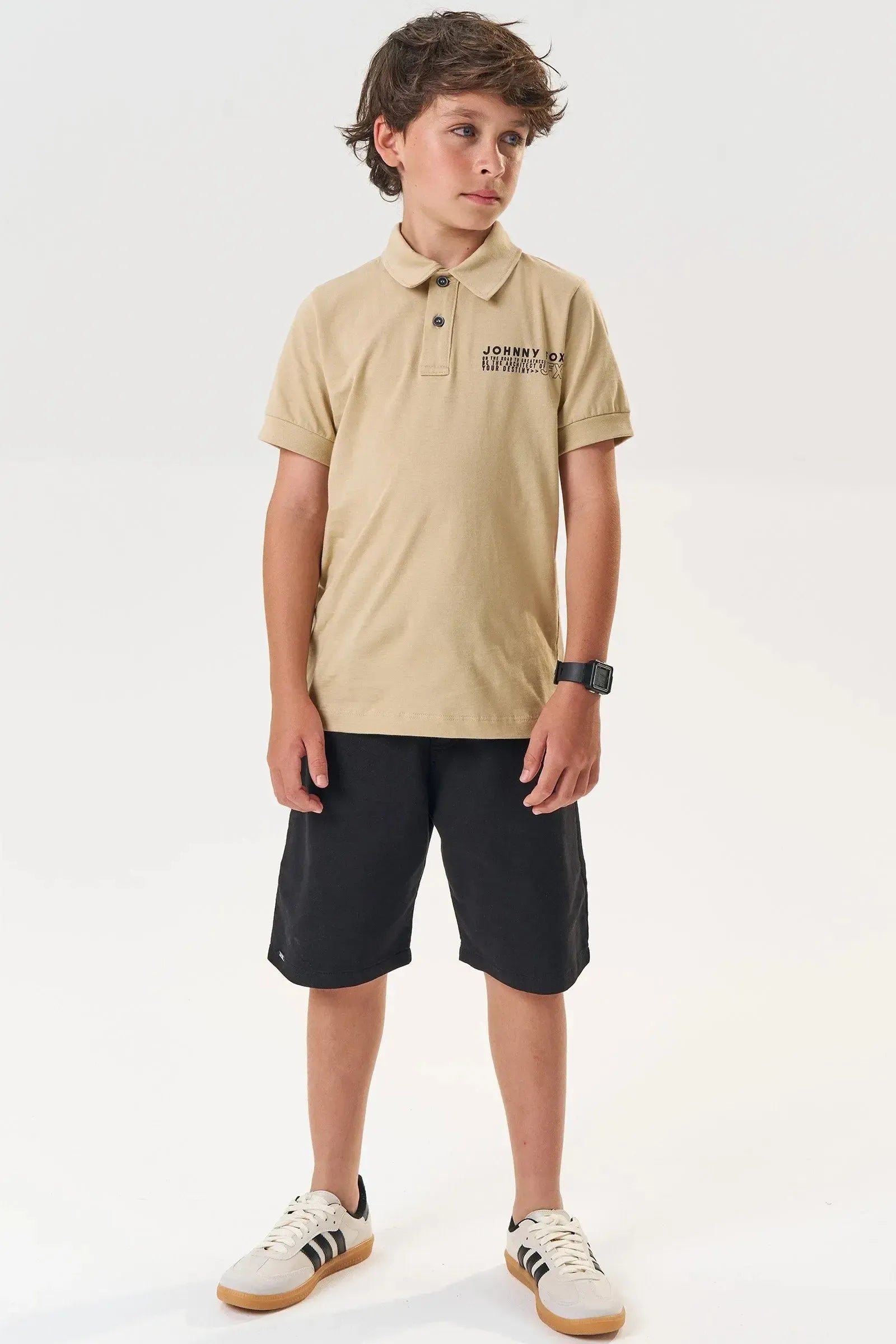 Conjunto de Camisa Polo em Meia Malha e Bermuda em Sarja Caribe com Elastano 85068 Johnny Fox Teen Menino