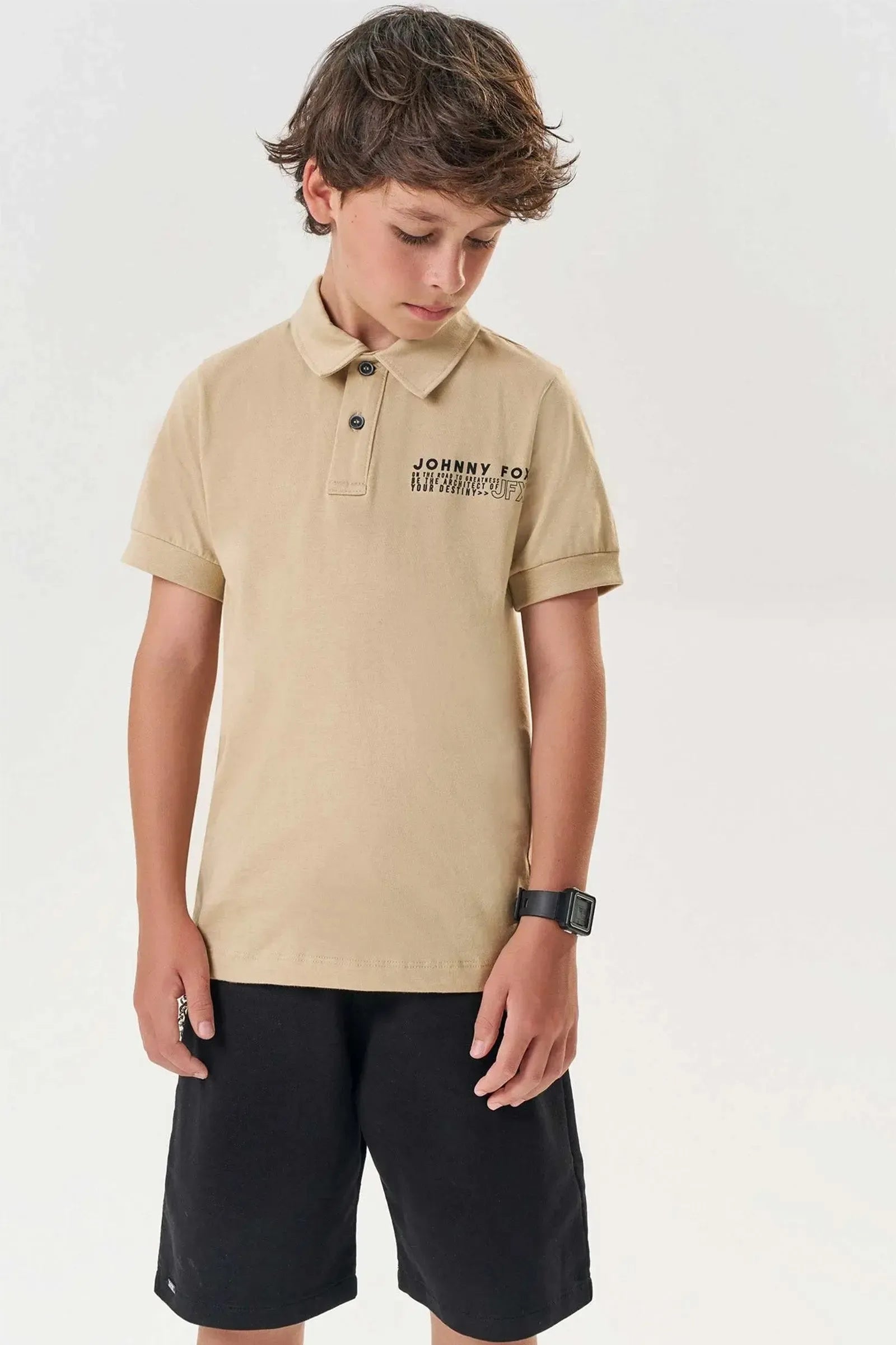 Conjunto de Camisa Polo em Meia Malha e Bermuda em Sarja Caribe com Elastano 85068 Johnny Fox Teen Menino