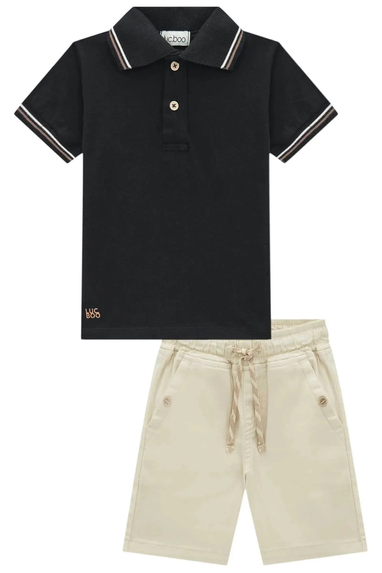 Conjunto de Camisa Polo em Meia Malha e Bermuda em Sarja com Elastano 97199 LucBoo Infantil Menino